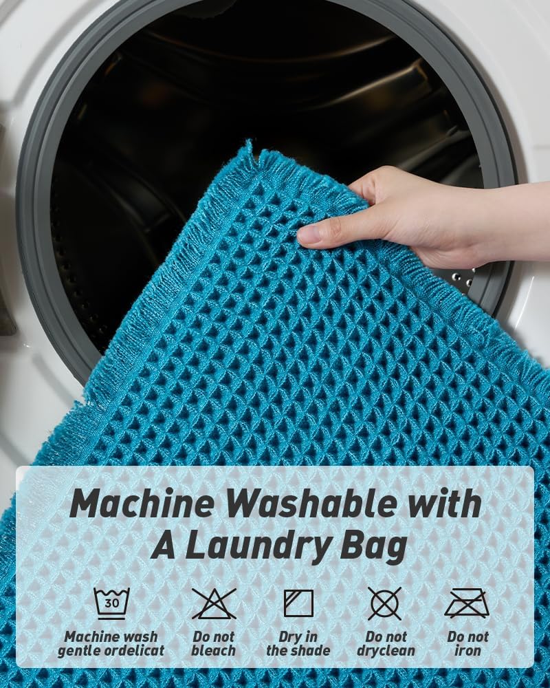 Upgraded Waffle Bath Mat, Super Absorbent Non Slip Mats for Bathroom Floor, Machine Washable Rugs with Tassels, Rubber Backed Mats, Ultra Soft, 17" x 24", Teal -