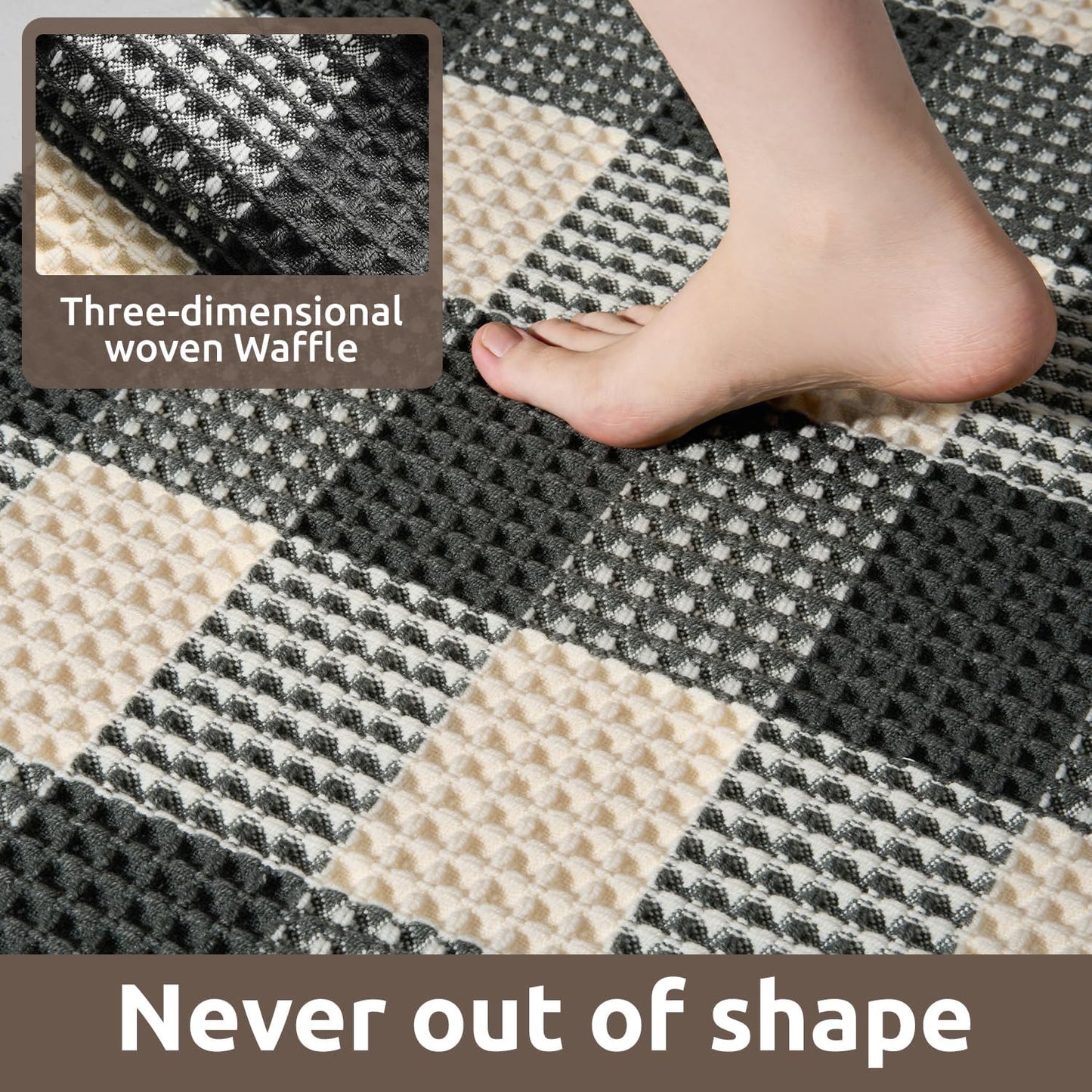Unique Waffle Runners for Hallways, Super Absorbent Non Slip Bathroom Runner Rug Patchwork Checkered Boho Bath Mat Washable Entryway Kitchen Bedroom Laundry Room Sink, 2' x 6' -
