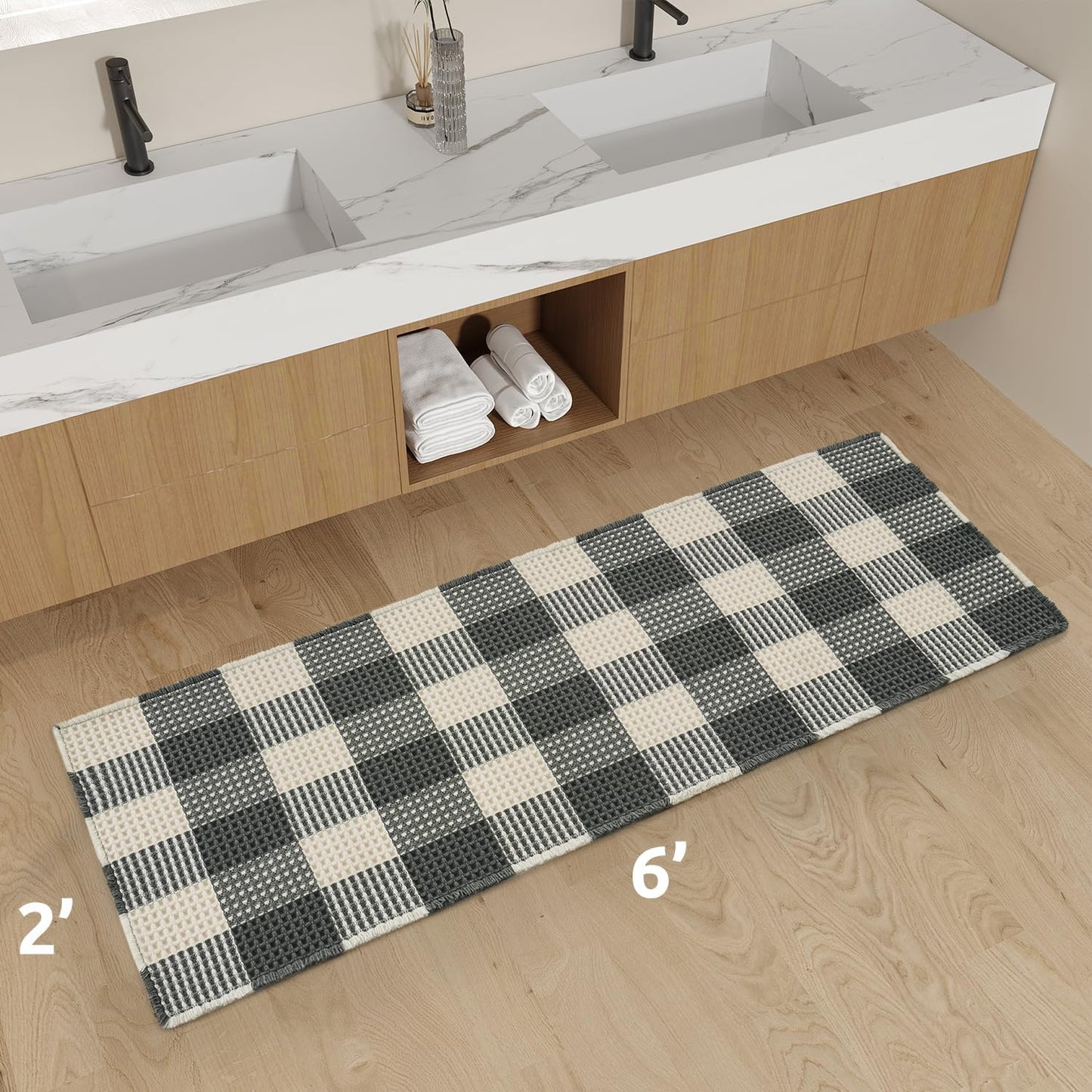 Unique Waffle Runners for Hallways, Super Absorbent Non Slip Bathroom Runner Rug Patchwork Checkered Boho Bath Mat Washable Entryway Kitchen Bedroom Laundry Room Sink, 2' x 6' -