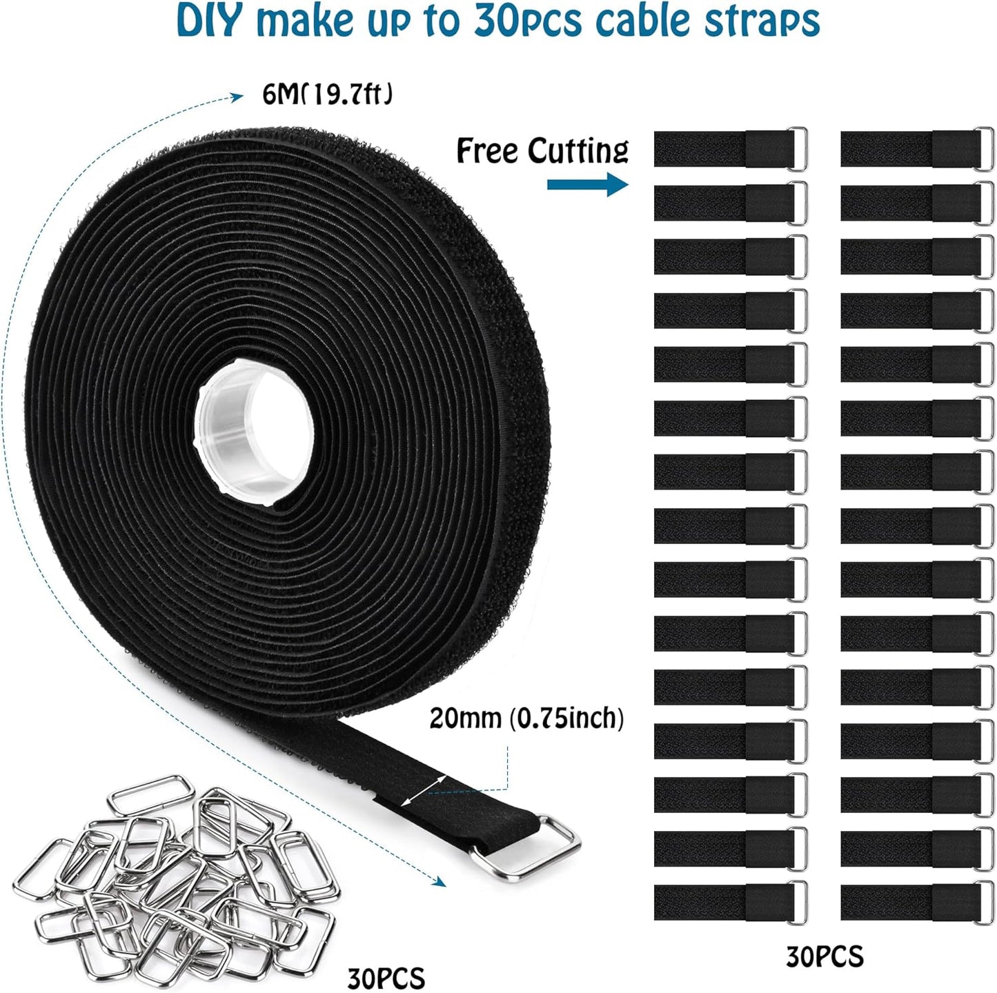 0.75"x19.7ft Hook and Loop Straps with 30 Buckles Adjustable Cut-to-Length Cable Ties - Reusable Nylon Fastening Tape for Storage or Organization (0.75in x 19.7ft) 0.75in 19.7ft