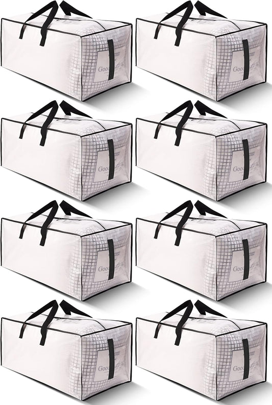 8 Pack Large Strong Moving Bags with Zippers & Carrying Handles - Water-Resistant Heavy Duty Storage Tote for Space Saving, Fold Flat, Alternative to Box (Semi-Transparent) Semi-Transparent Pack-24gal