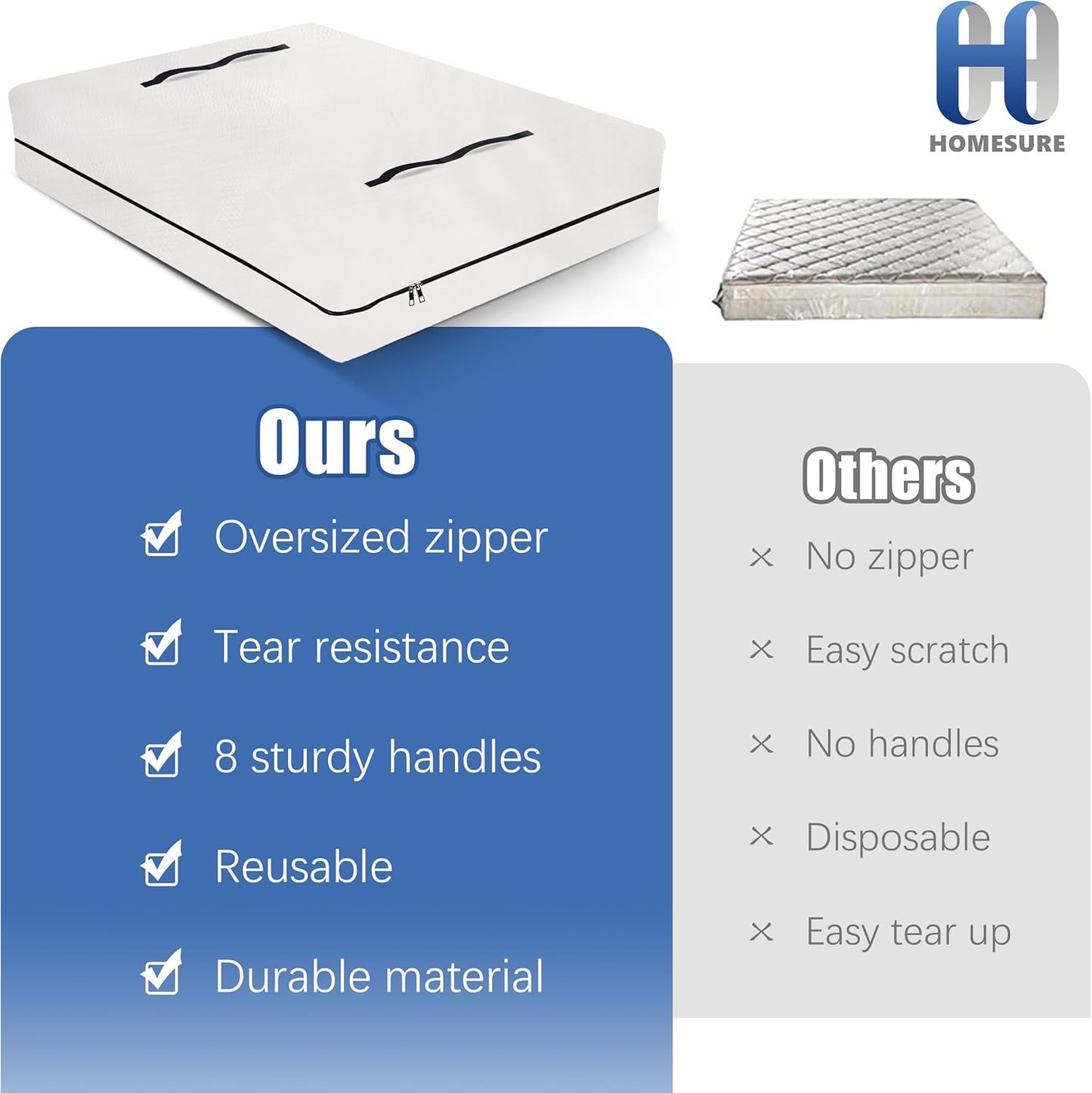 Mattress Bags for Moving and Storage with 8 Handles - Cover Heavy Duty, Strong Zipper Closure, Supplies & Bag Semi-Transparent, Queen