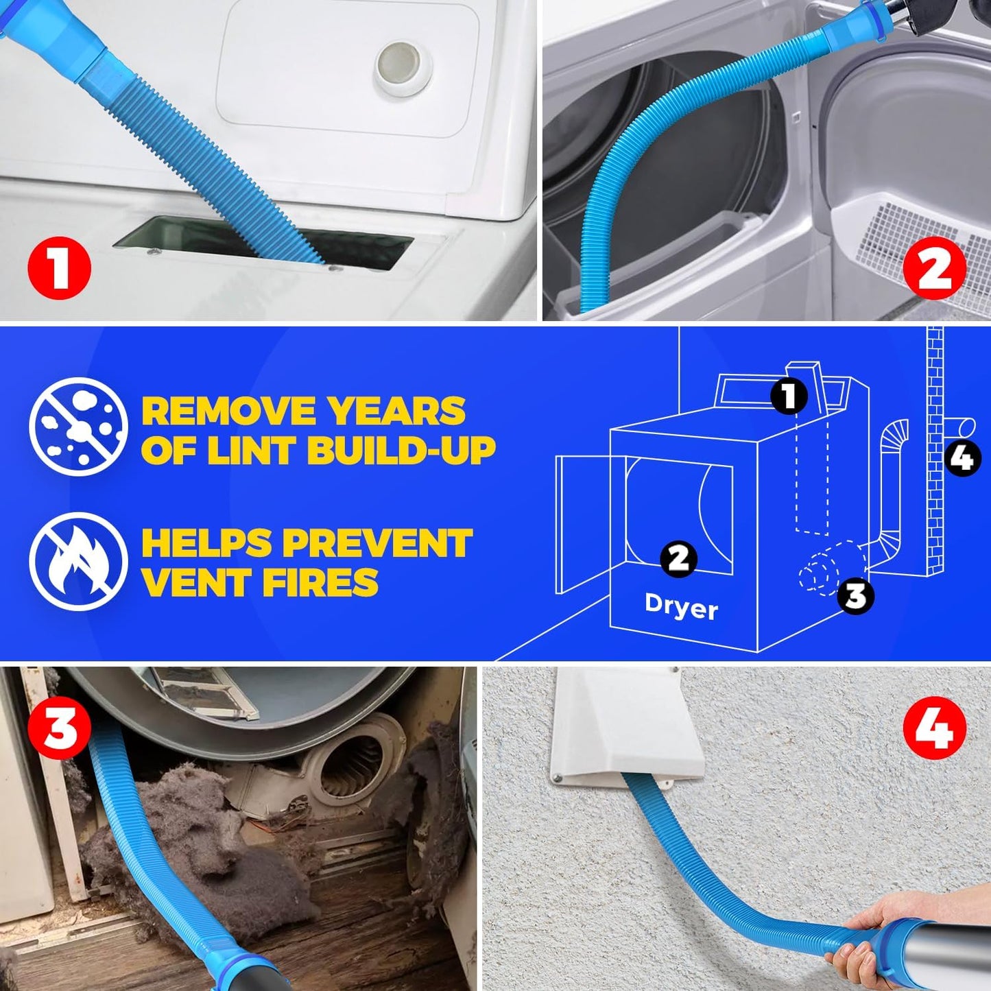 3 Pieces Dryer Vent Cleaner Kit - Lint Screens Brush Part,Dryer Trap Vacuum Brush,Vacuum Hose Attachment,Compatible with Most Cleaner,Quickly Removers 3p-blue