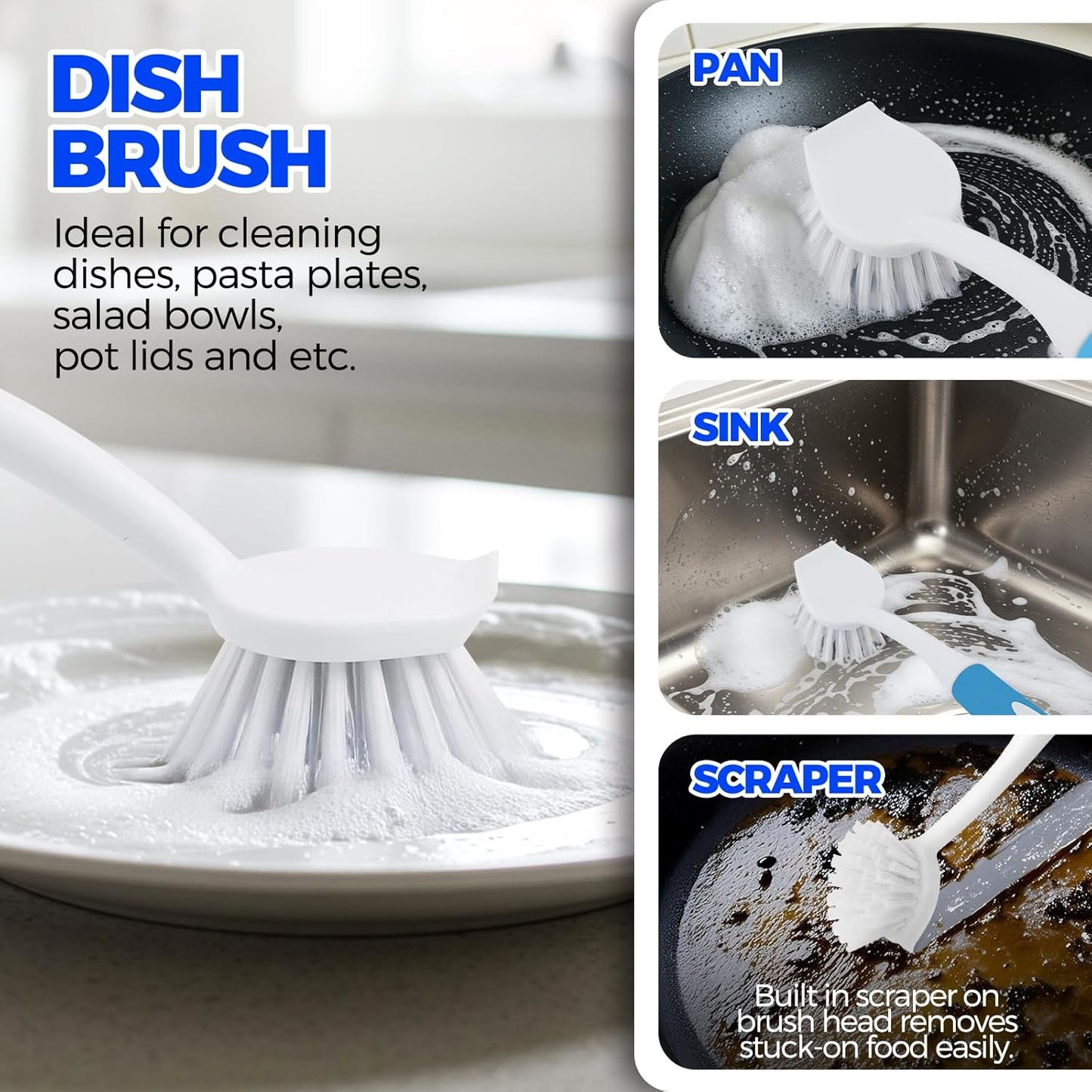 6 Pack Dish Brush Set with Bottle Brush, Scrub Pan and 3 Straw Brushes, Deep Cleaning Handle Scraper Tip for Kitchen Sink Dishes Cup Pot Pans (Blue) -