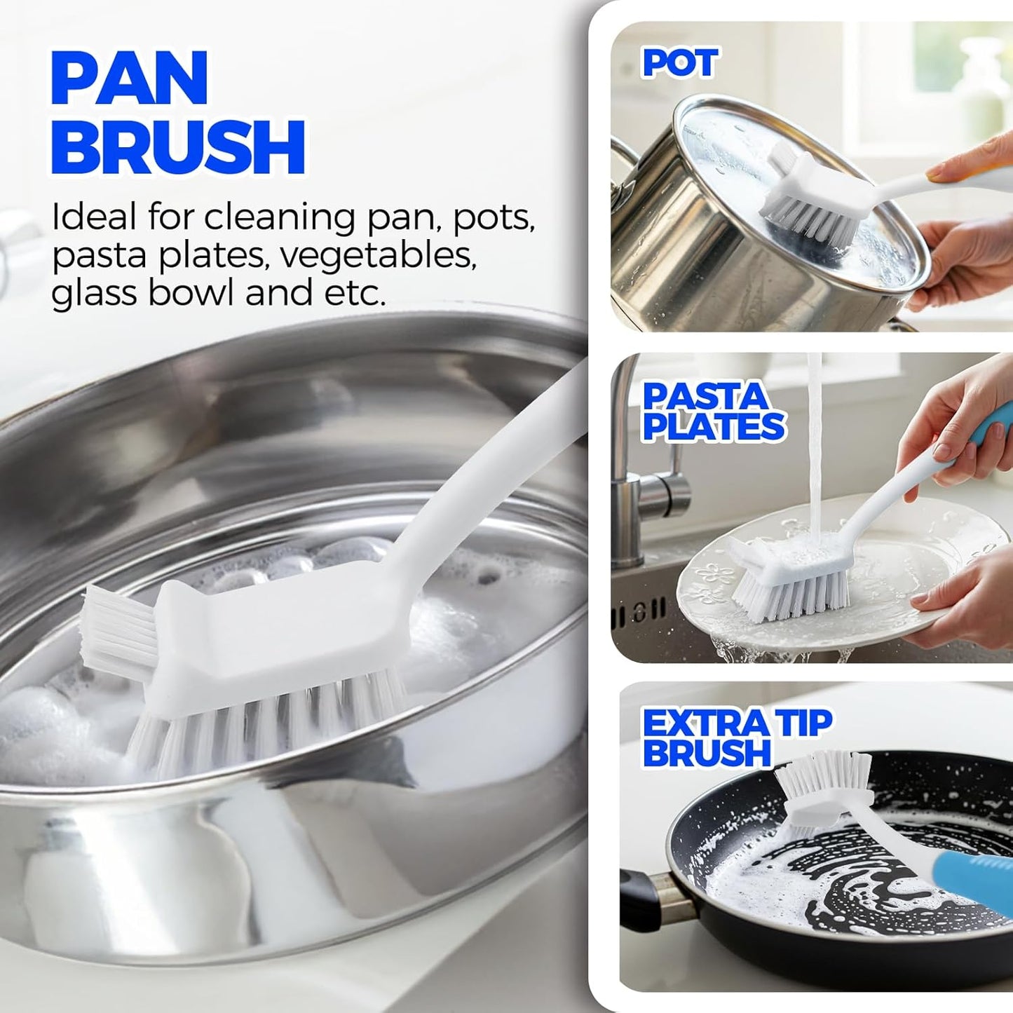 6 Pack Dish Brush Set with Bottle Brush, Scrub Pan and 3 Straw Brushes, Deep Cleaning Handle Scraper Tip for Kitchen Sink Dishes Cup Pot Pans (Blue) -