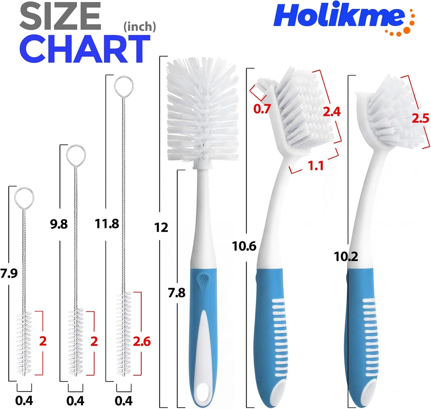 6 Pack Dish Brush Set with Bottle Brush, Scrub Pan and 3 Straw Brushes, Deep Cleaning Handle Scraper Tip for Kitchen Sink Dishes Cup Pot Pans (Blue) -