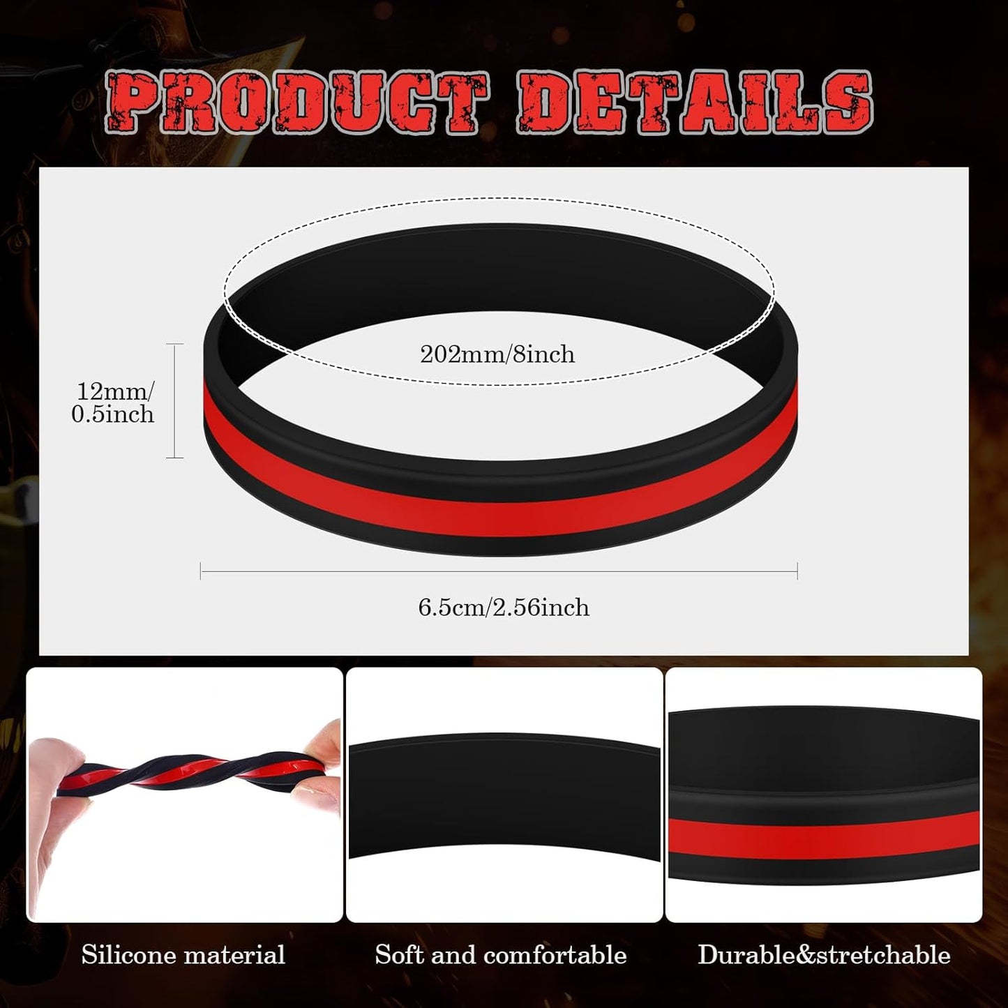 50 Pcs Red Thin Line Bracelets Rubber Firefighter Awareness Support Silicone Wristband for Men Women Holiday Patriotic Fundraisers Funeral Gifts Supply -
