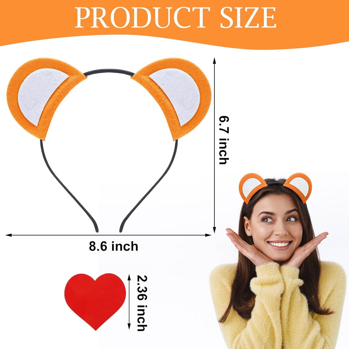 Halloween Bear Ears Headband and Patch Kit Colorful Costume with Red Heart for Party Supply Orange -