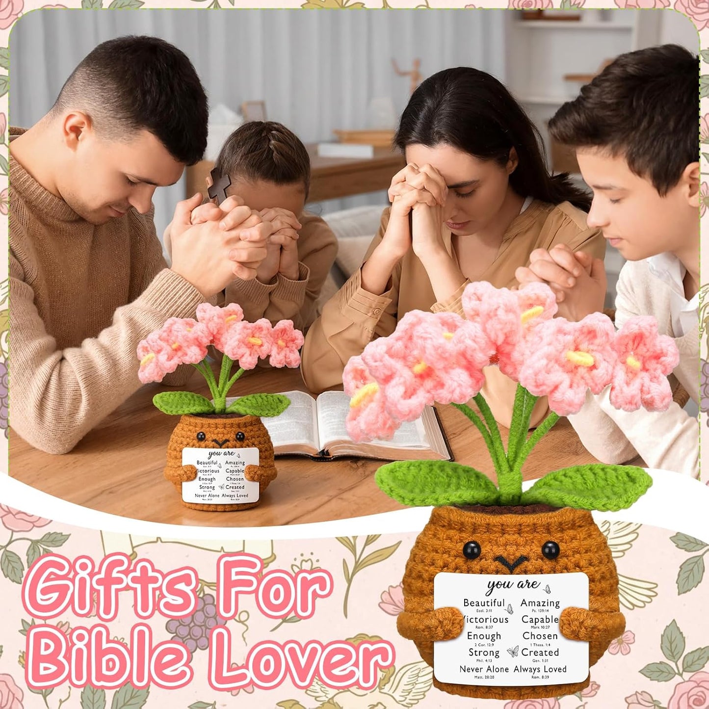 Christian Gift for Women Positive Handmade Crochet Doll with Bible Verse Prayer Card Inspirational Scripture Religious Mother's Day Sunday Group Church(Forget Me Nots) -