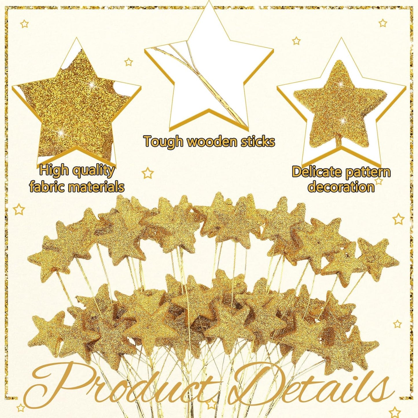24 Pcs Glitter Star Picks 13.8'' Sparkly Stem Decoration Foam Vase Sticks Centerpiece Table Craft Filler for Wreath Birthday Wedding Bridal Shower Arrangement(Gold) Gold -