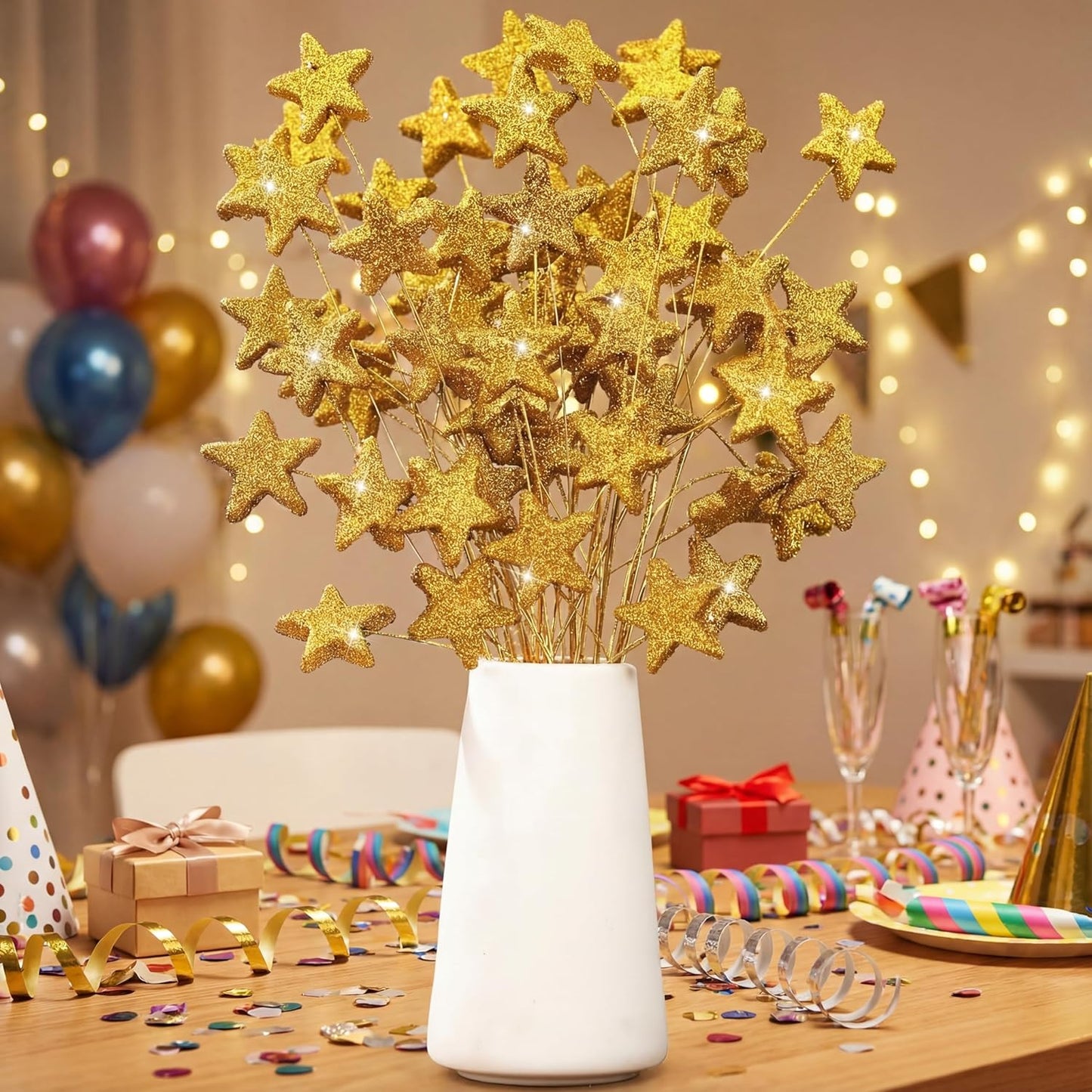 24 Pcs Glitter Star Picks 13.8'' Sparkly Stem Decoration Foam Vase Sticks Centerpiece Table Craft Filler for Wreath Birthday Wedding Bridal Shower Arrangement(Gold) Gold -