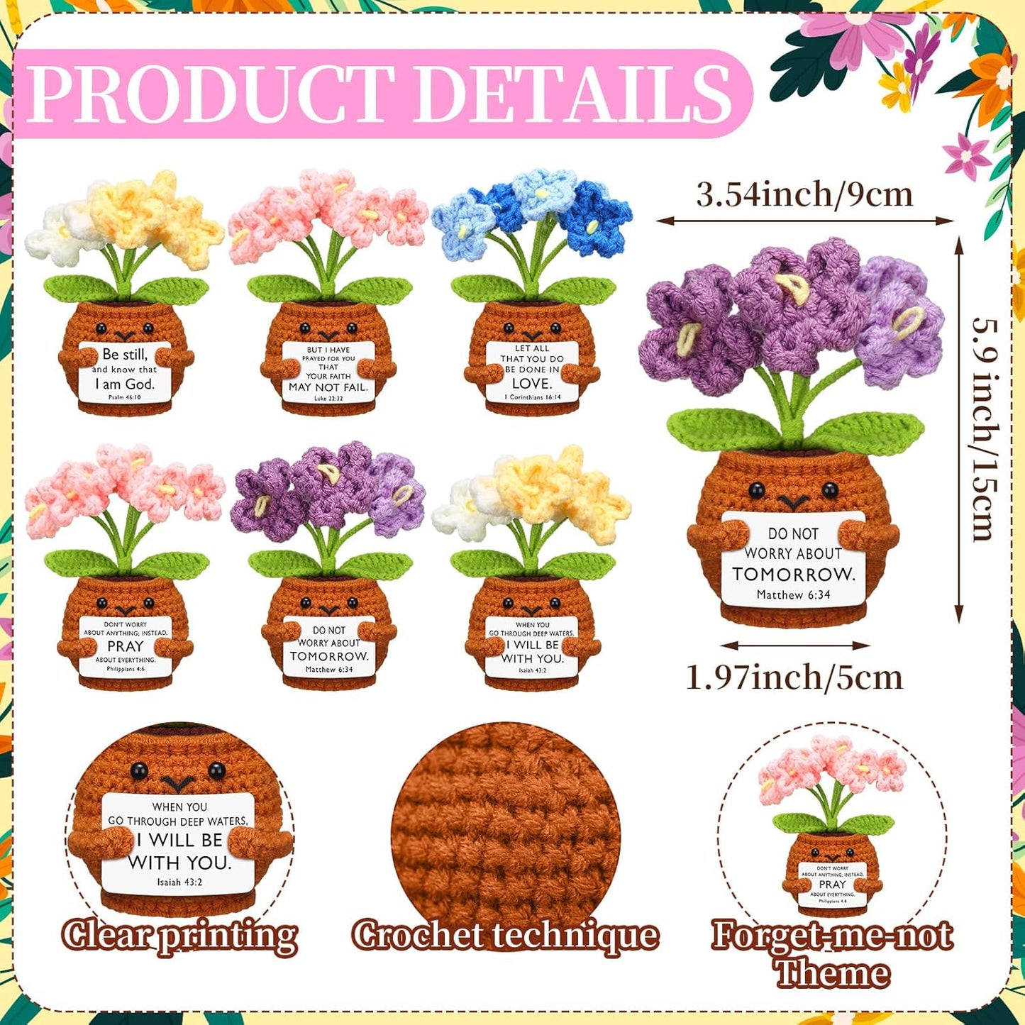 6 Pcs Christian Gift for Women Faith Scripture Religious Positive Handmade Crochet Doll with Bible Verse Prayer Card Inspirational Sunday Church(Forget Me Not) -