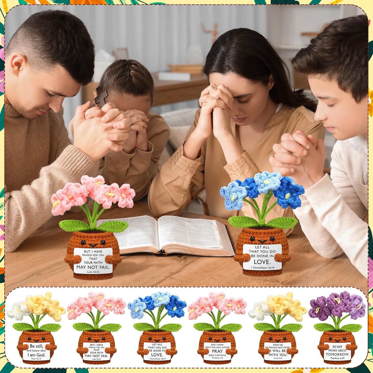 6 Pcs Christian Gift for Women Faith Scripture Religious Positive Handmade Crochet Doll with Bible Verse Prayer Card Inspirational Sunday Church(Forget Me Not) -