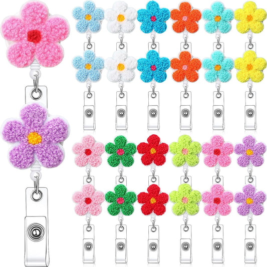 24 Pcs Pastel Flower Badge Reel Retractable Back to School Cute Felt Holder with Alligator Clip Nursing Name ID Accessories for Nurse Worker Teacher Student Supply Party Gift -