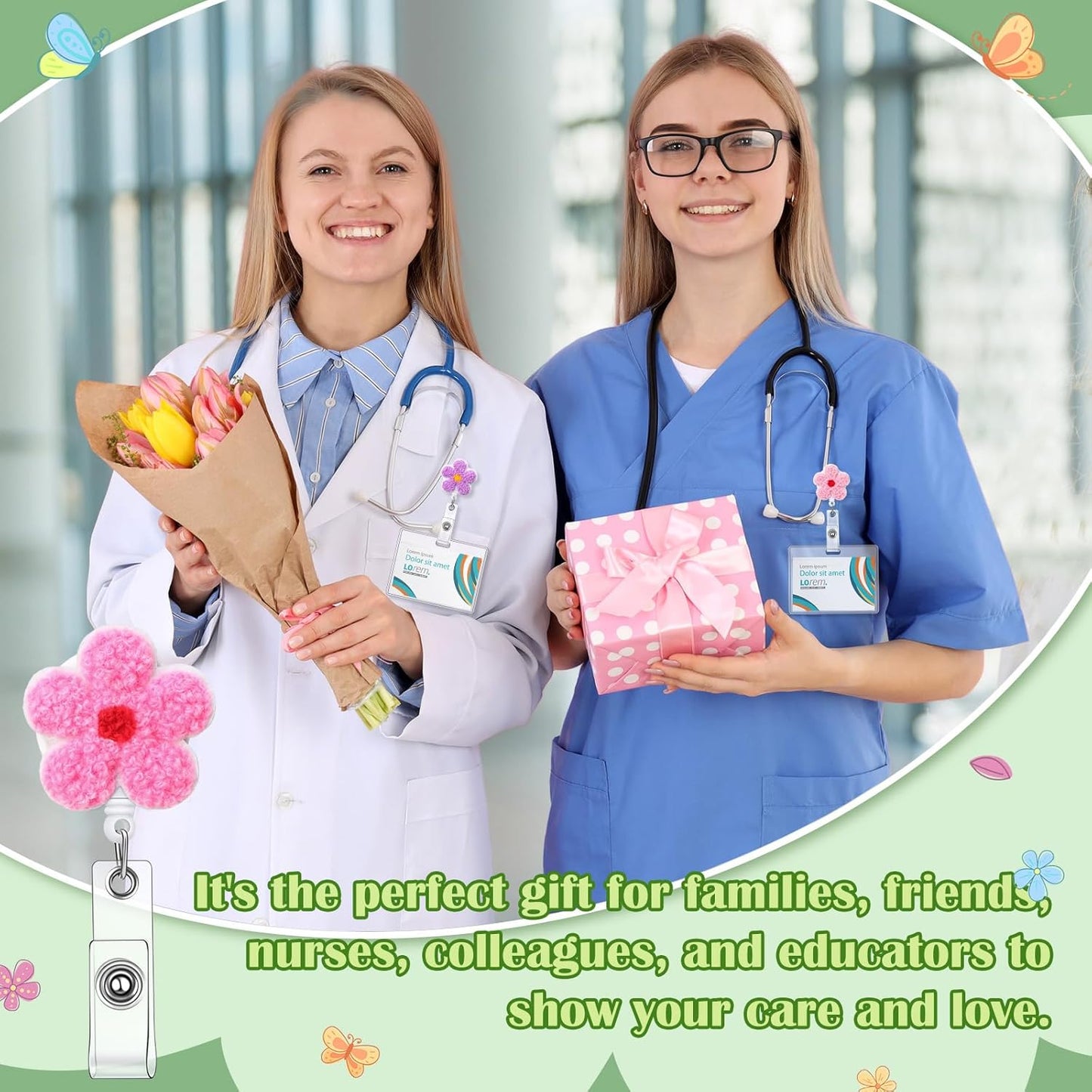 24 Pcs Pastel Flower Badge Reel Retractable Back to School Cute Felt Holder with Alligator Clip Nursing Name ID Accessories for Nurse Worker Teacher Student Supply Party Gift -