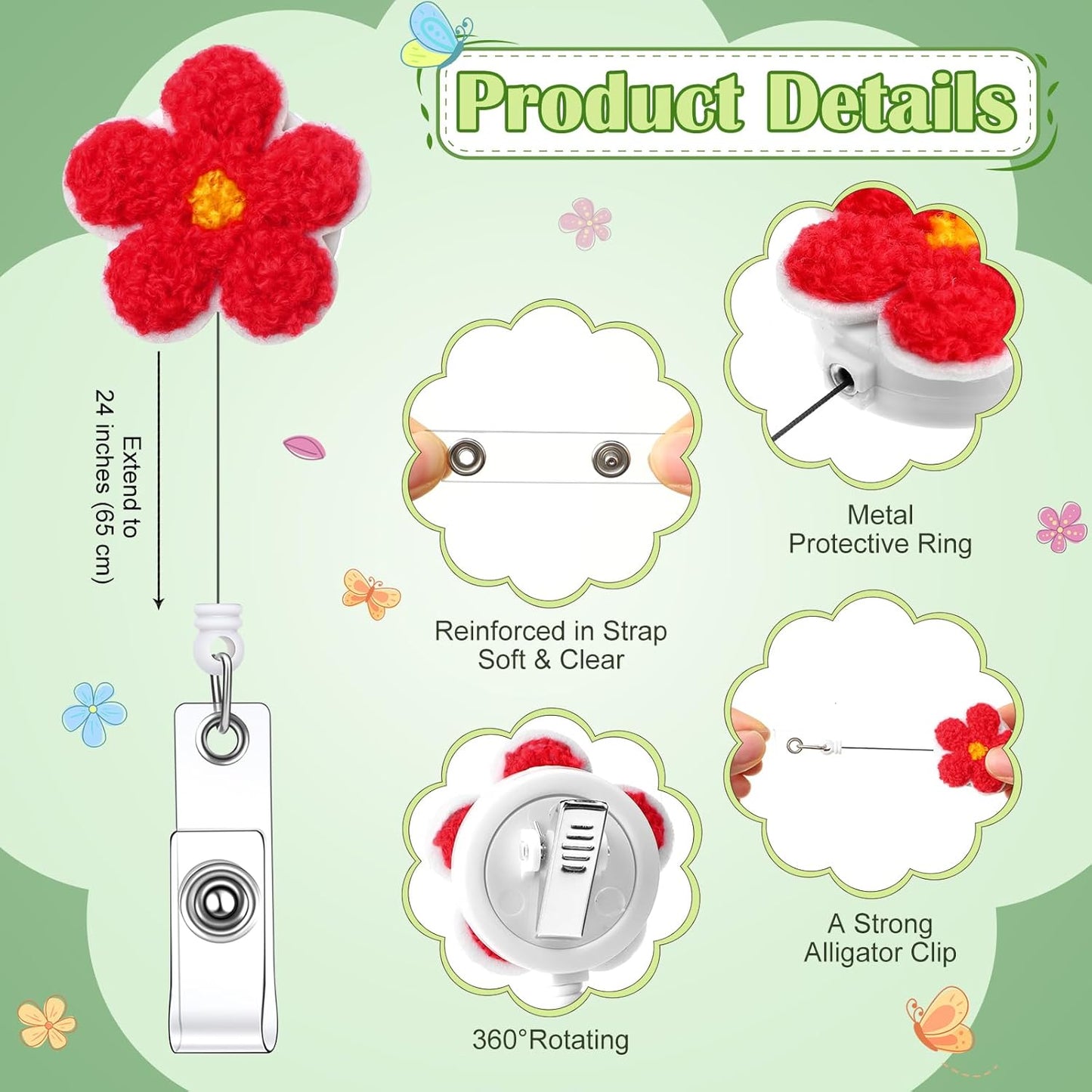 24 Pcs Pastel Flower Badge Reel Retractable Back to School Cute Felt Holder with Alligator Clip Nursing Name ID Accessories for Nurse Worker Teacher Student Supply Party Gift -