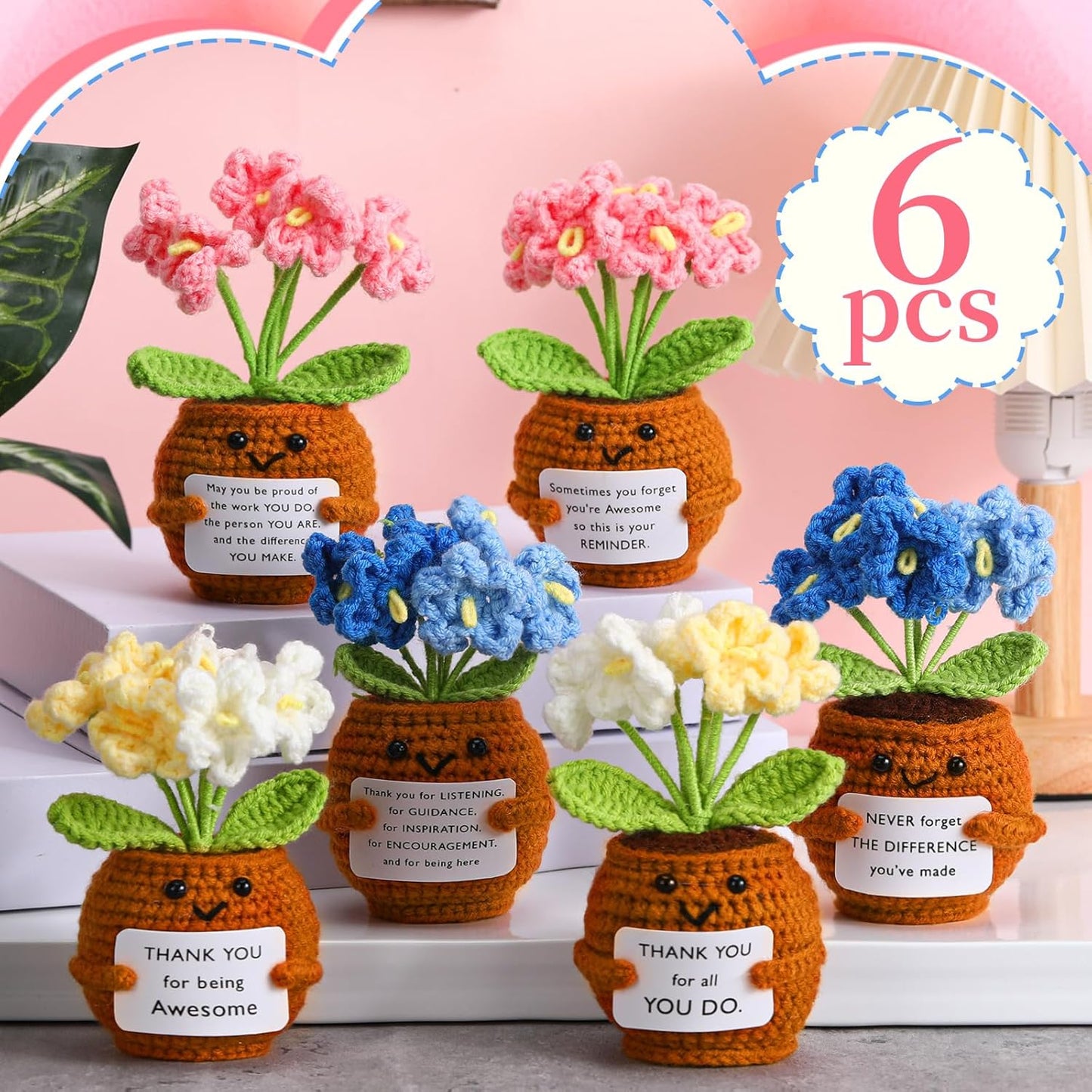 6 Pcs Employee Appreciation Gifts Bulk for Team Coworkers Thank You Positive Handmade Crochet Doll with Inspirational Card Staff Women Men Office(Forget Me Not) -