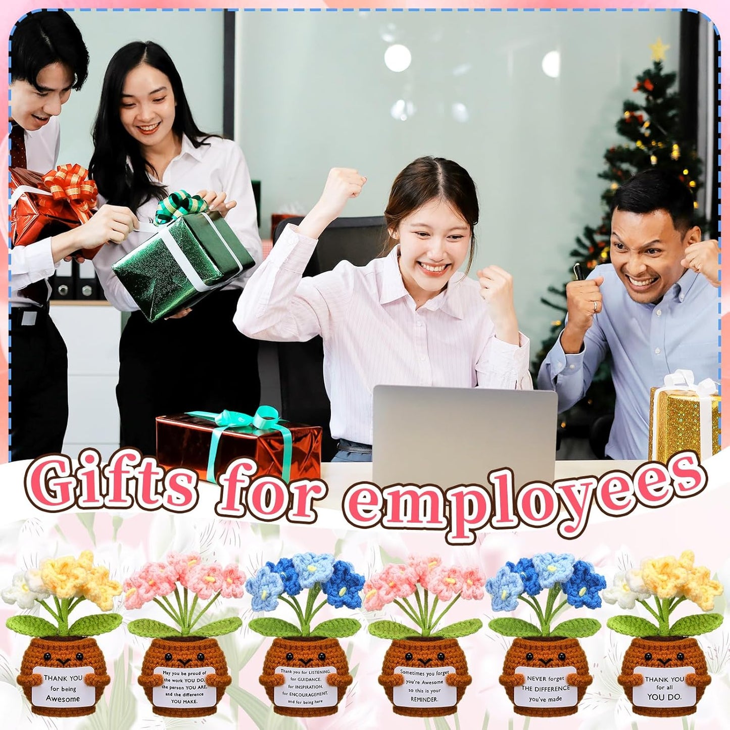 6 Pcs Employee Appreciation Gifts Bulk for Team Coworkers Thank You Positive Handmade Crochet Doll with Inspirational Card Staff Women Men Office(Forget Me Not) -