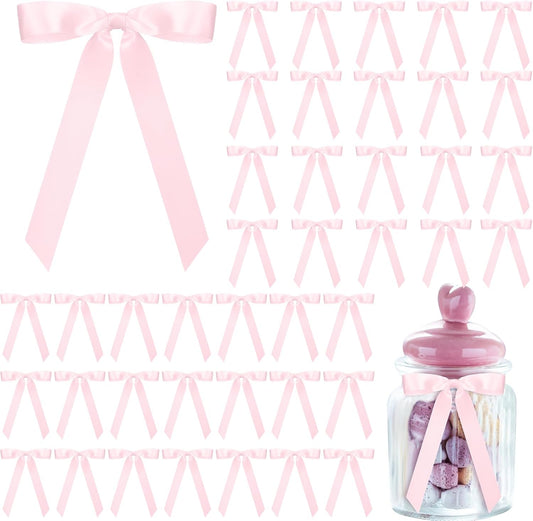 50 Pcs Pink Satin Ribbon Bows 7 Inch Large Self Adhesive Twist Tie for Gift Wrapping Craft Cake Balloons Coquette Wedding Birthday Baby Shower Bachelorette Party Decorations -