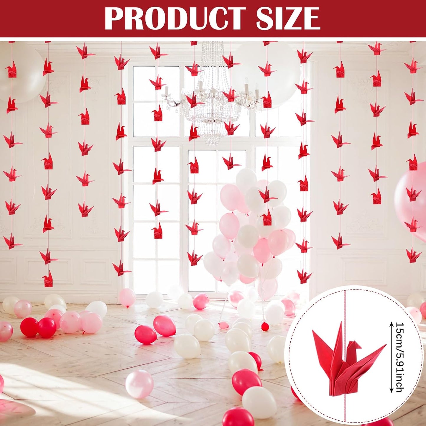 10 Pcs Paper Crane Hanging Garlands Premade Origami Cranes on String Kit Folded Bird Streamers for Japanese Asian Party Decorations Home Family Bridal Shower Supplies(Red) -