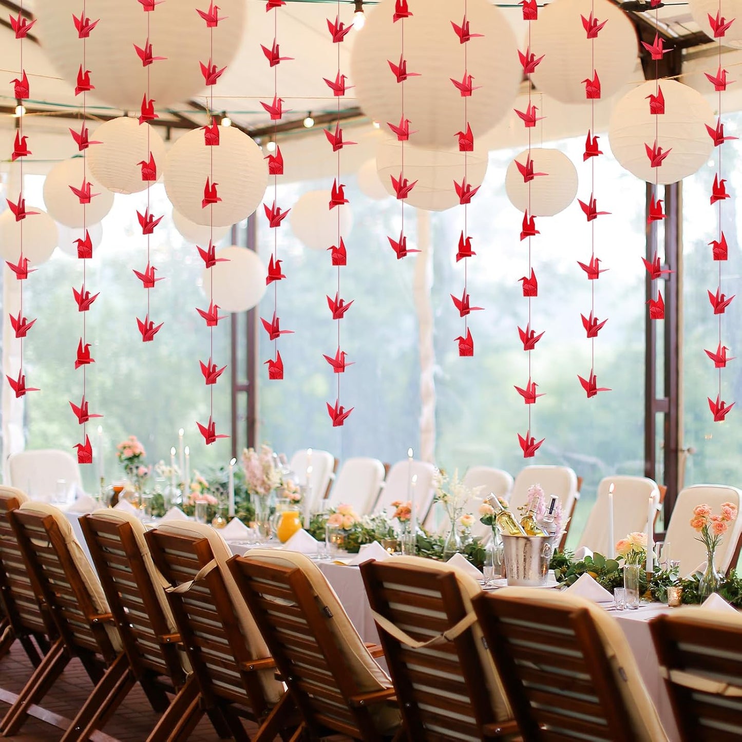 10 Pcs Paper Crane Hanging Garlands Premade Origami Cranes on String Kit Folded Bird Streamers for Japanese Asian Party Decorations Home Family Bridal Shower Supplies(Red) -