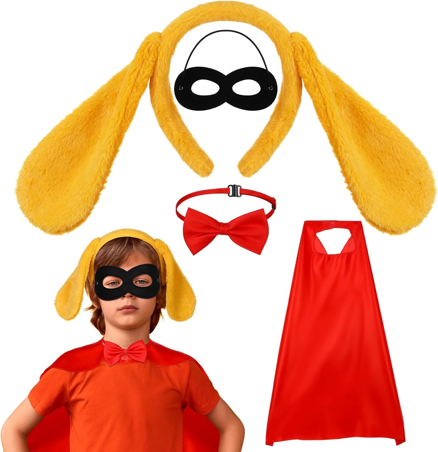 5 Pcs Cat Costume Kids Hero Theme Cosplay Include Ear Headband Nose Gloves Capes Masks Yellow, Red -