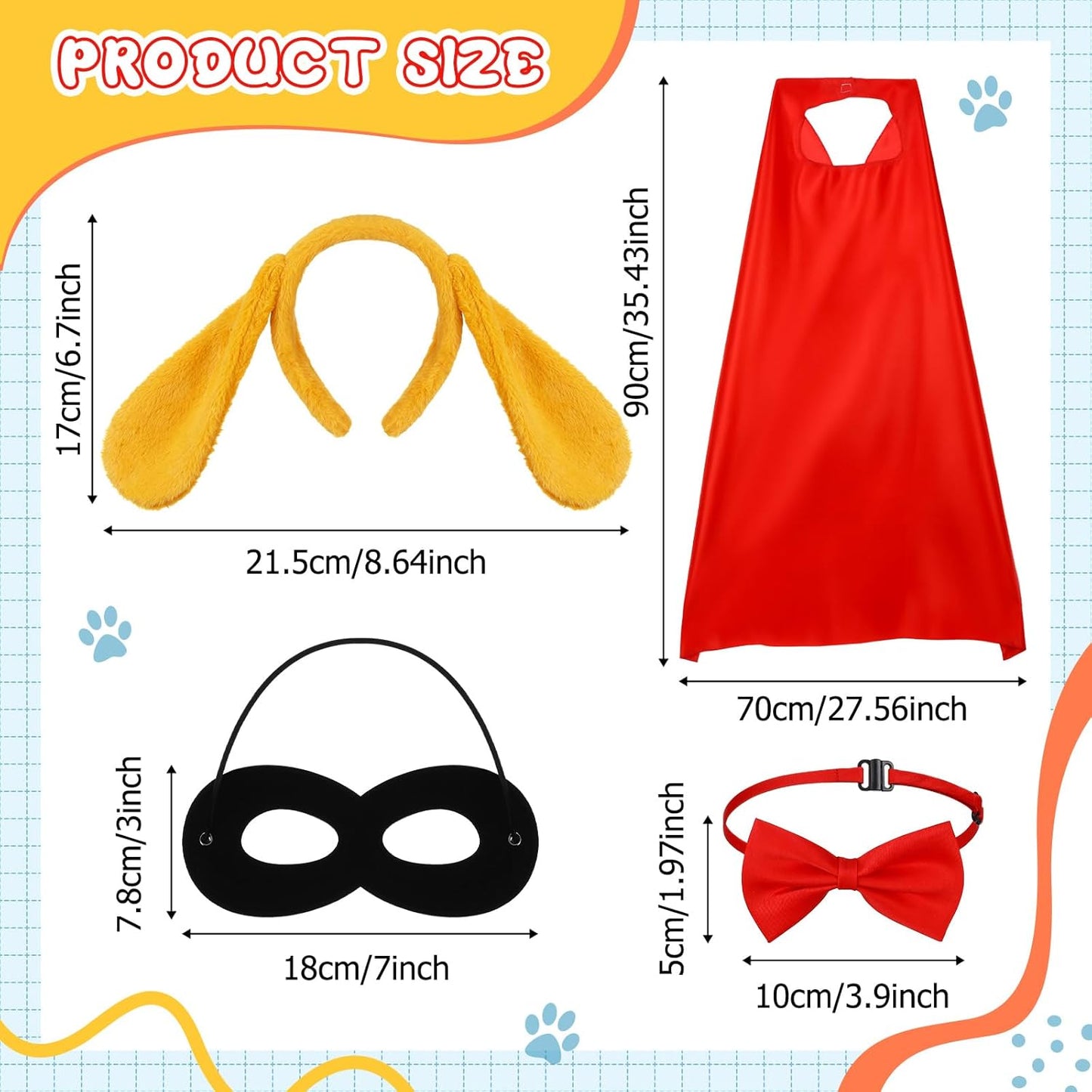 5 Pcs Cat Costume Kids Hero Theme Cosplay Include Ear Headband Nose Gloves Capes Masks Yellow, Red -