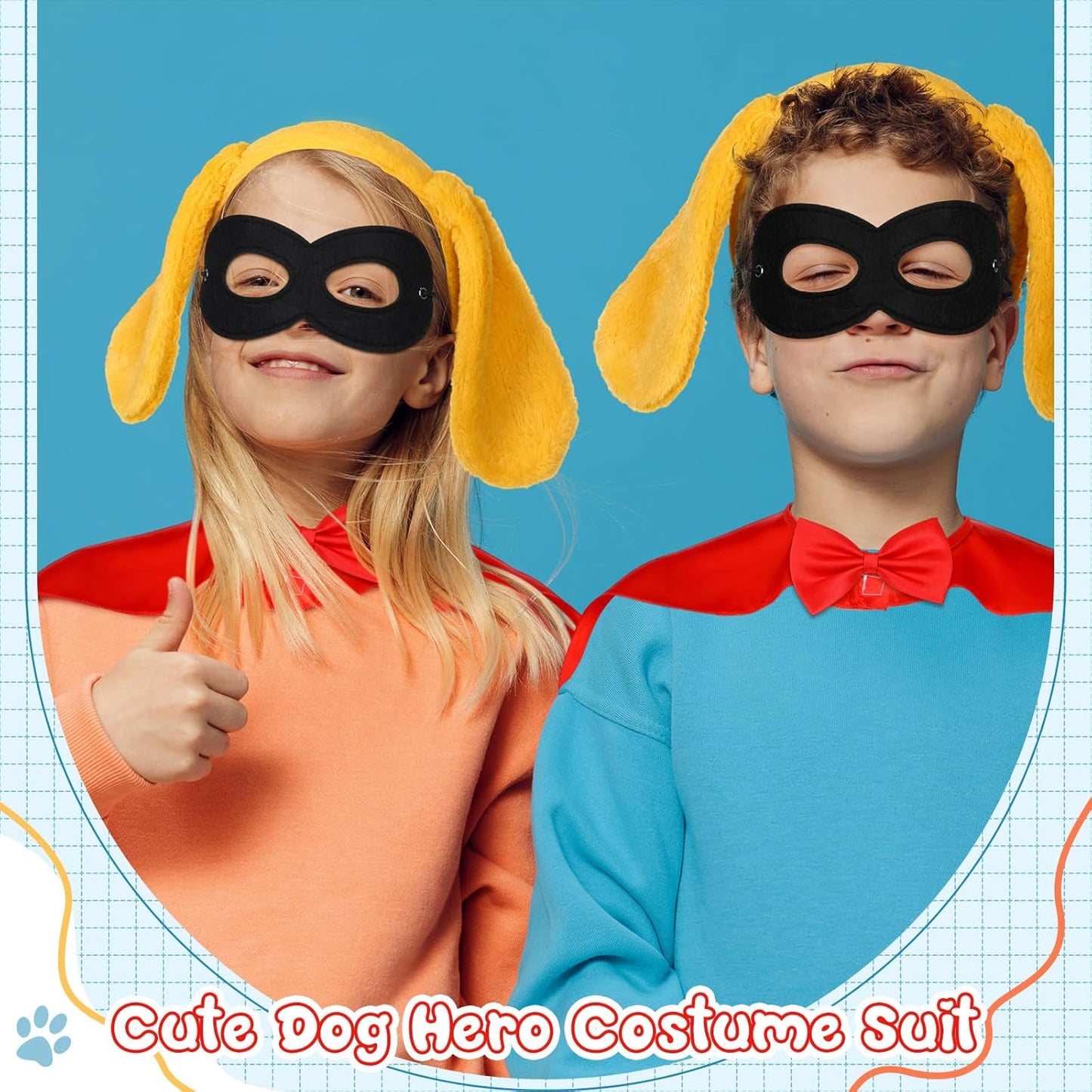 5 Pcs Cat Costume Kids Hero Theme Cosplay Include Ear Headband Nose Gloves Capes Masks Yellow, Red -