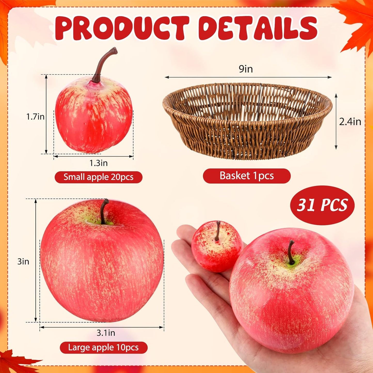 30 Pcs Fake Apples with Woven Basket Fall Artificial Red for Autumn Harvest Decoration, Photography Props, Kitchen Table Centerpiece, Wreath DIY Crafts(2 Sizes) -