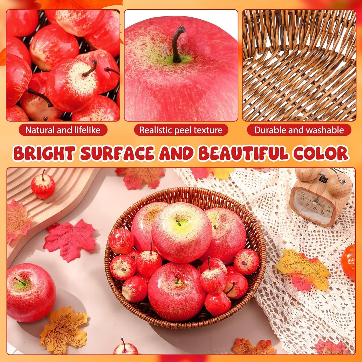 30 Pcs Fake Apples with Woven Basket Fall Artificial Red for Autumn Harvest Decoration, Photography Props, Kitchen Table Centerpiece, Wreath DIY Crafts(2 Sizes) -
