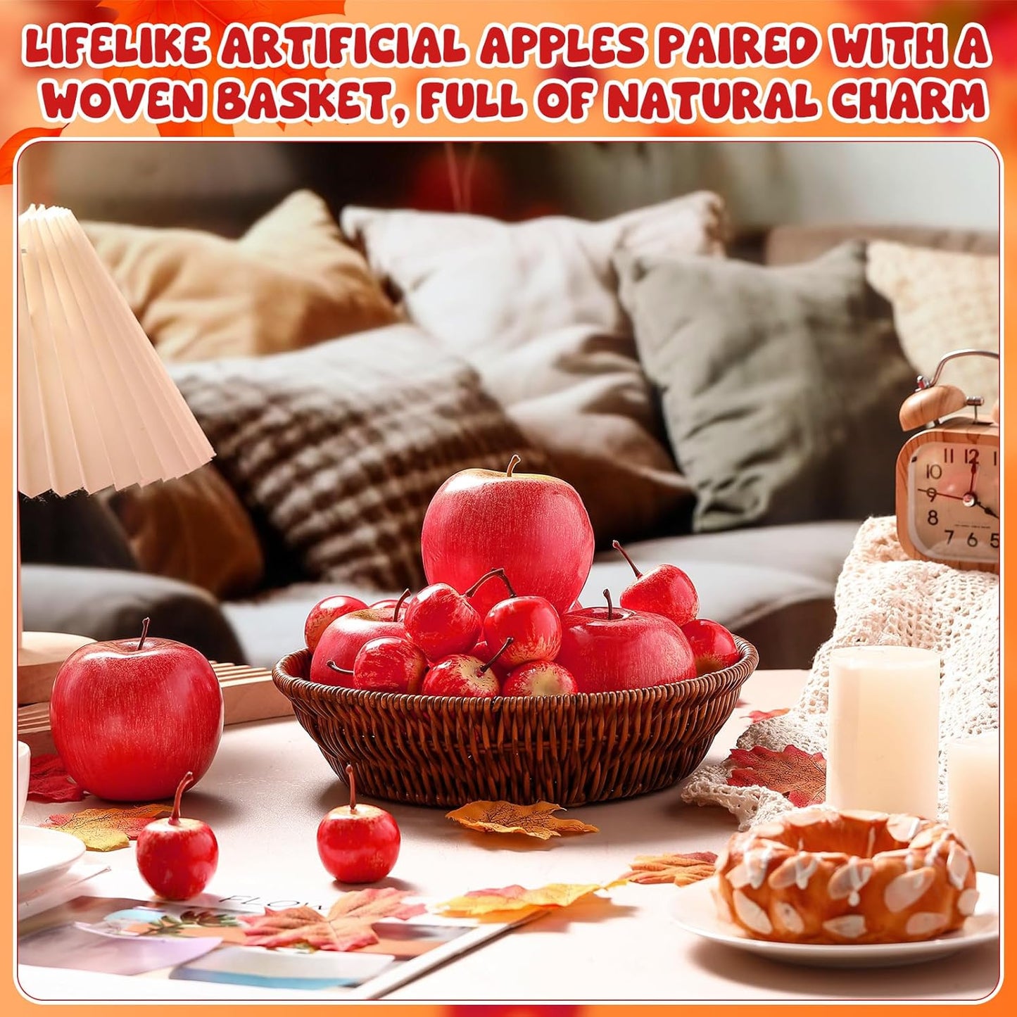 30 Pcs Fake Apples with Woven Basket Fall Artificial Red for Autumn Harvest Decoration, Photography Props, Kitchen Table Centerpiece, Wreath DIY Crafts(2 Sizes) -