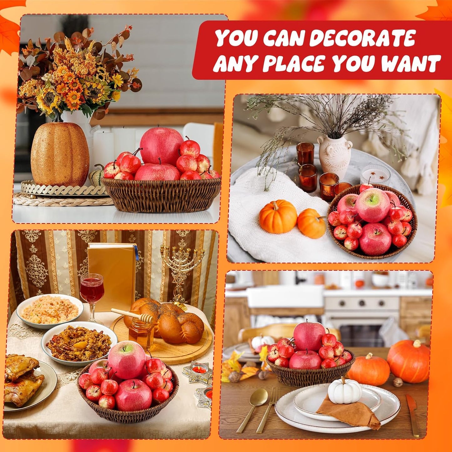 30 Pcs Fake Apples with Woven Basket Fall Artificial Red for Autumn Harvest Decoration, Photography Props, Kitchen Table Centerpiece, Wreath DIY Crafts(2 Sizes) -