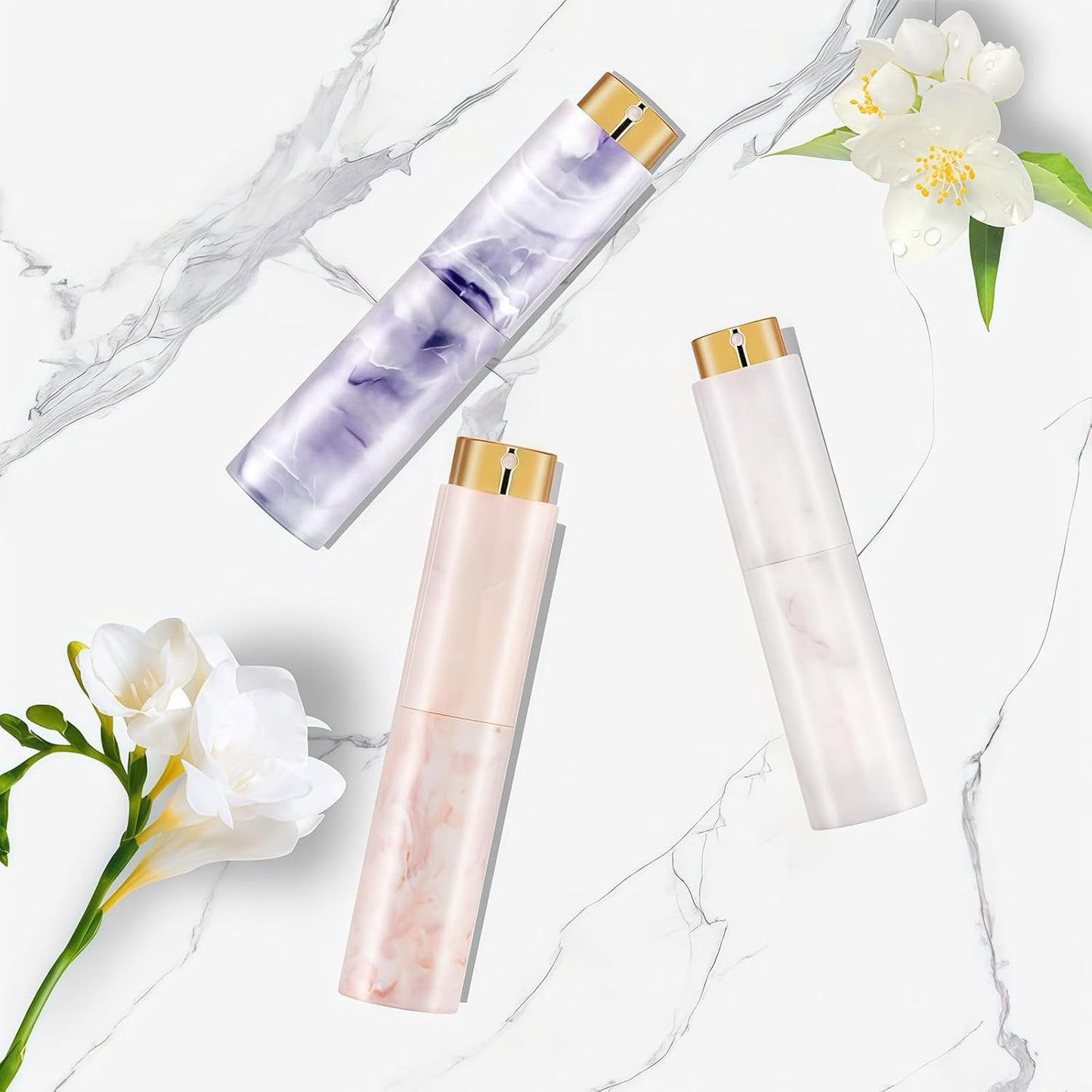 Refillable Travel Perfume Atomizer - Mini Spray Bottles with Marble Texture, Portable Cologne Dispenser for Women Men, Leak-Proof Empty Fragrance Decant Container and Daily Use 3PCS White+Purple+Pink