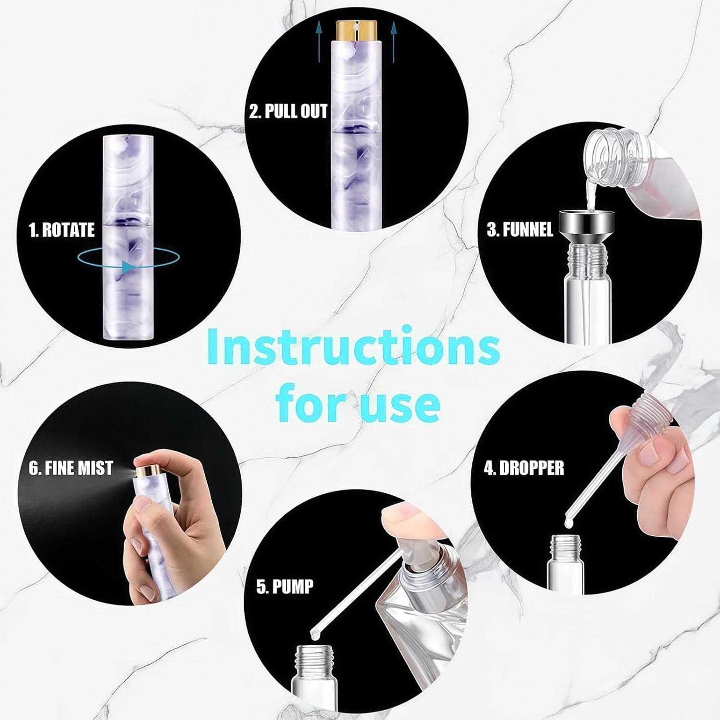 Refillable Travel Perfume Atomizer - Mini Spray Bottles with Marble Texture, Portable Cologne Dispenser for Women Men, Leak-Proof Empty Fragrance Decant Container and Daily Use 3PCS White+Purple+Pink