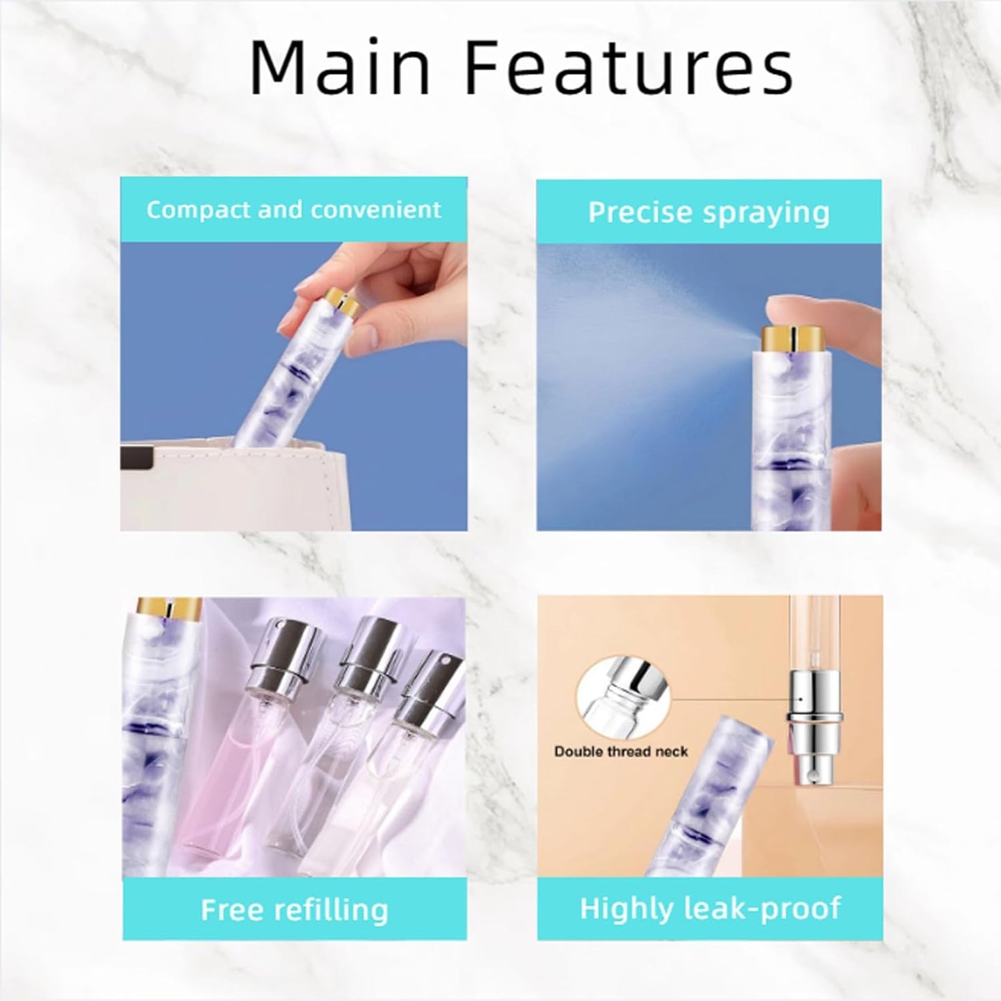 Refillable Travel Perfume Atomizer - Mini Spray Bottles with Marble Texture, Portable Cologne Dispenser for Women Men, Leak-Proof Empty Fragrance Decant Container and Daily Use 3PCS White+Purple+Pink