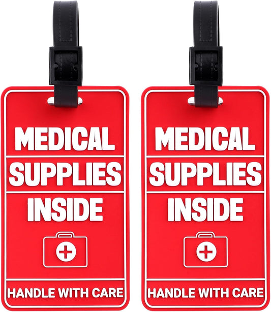 2pcs Medical Supplies Inside Tags, Three-Dimensional Design Device Luggage Tag Handle with Care Information Cards & Sturdy Straps for Various Travel Suitcases or Backpacks -