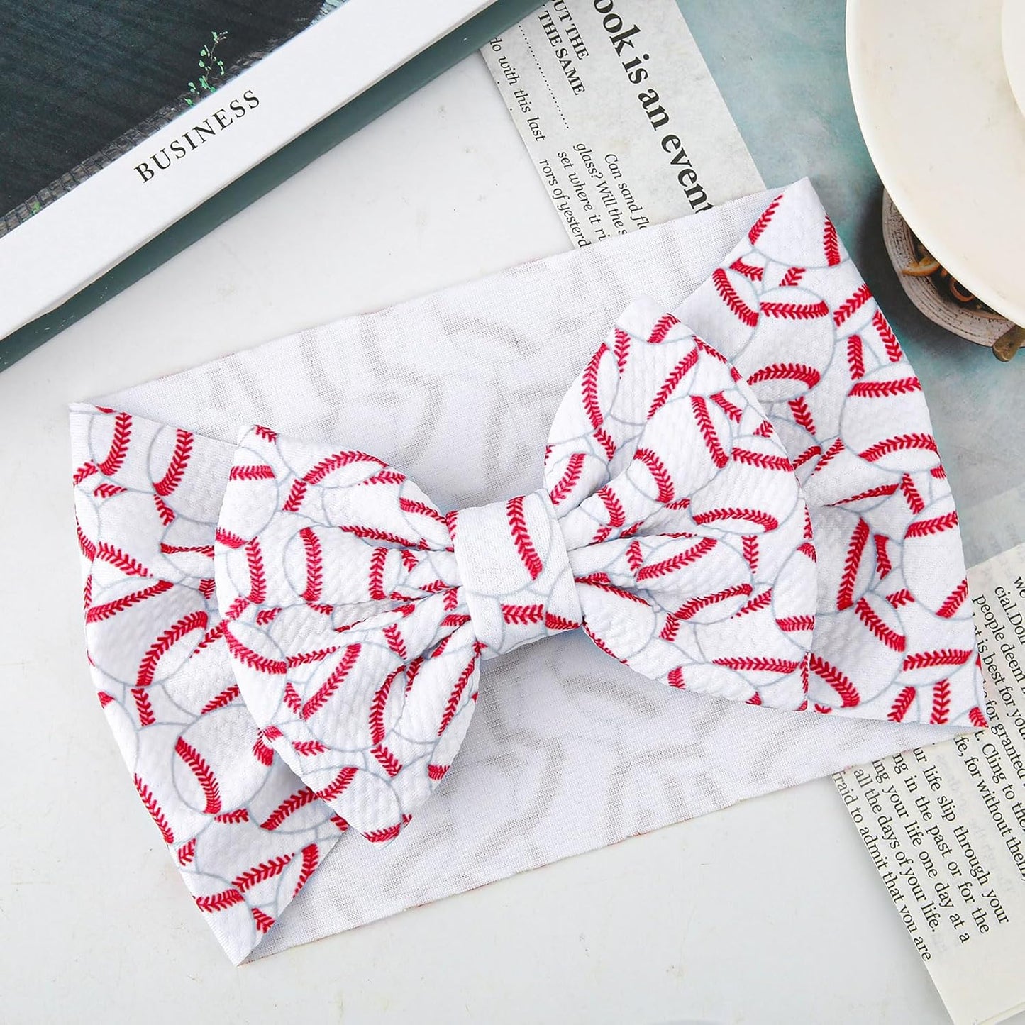 Baseball Bow Headband Baby, High Stretchy Soft Nylon Headbands in Red & White Game Sport Event Hair Accessories for Girls and Infants -