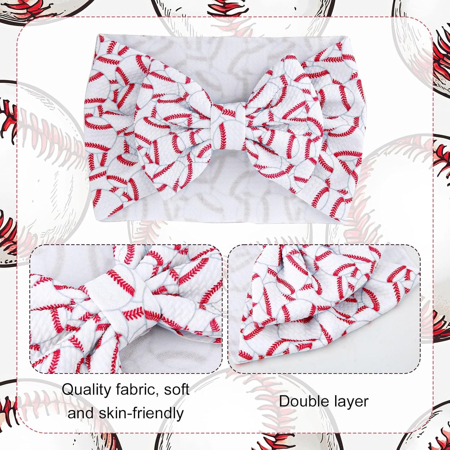 Baseball Bow Headband Baby, High Stretchy Soft Nylon Headbands in Red & White Game Sport Event Hair Accessories for Girls and Infants -