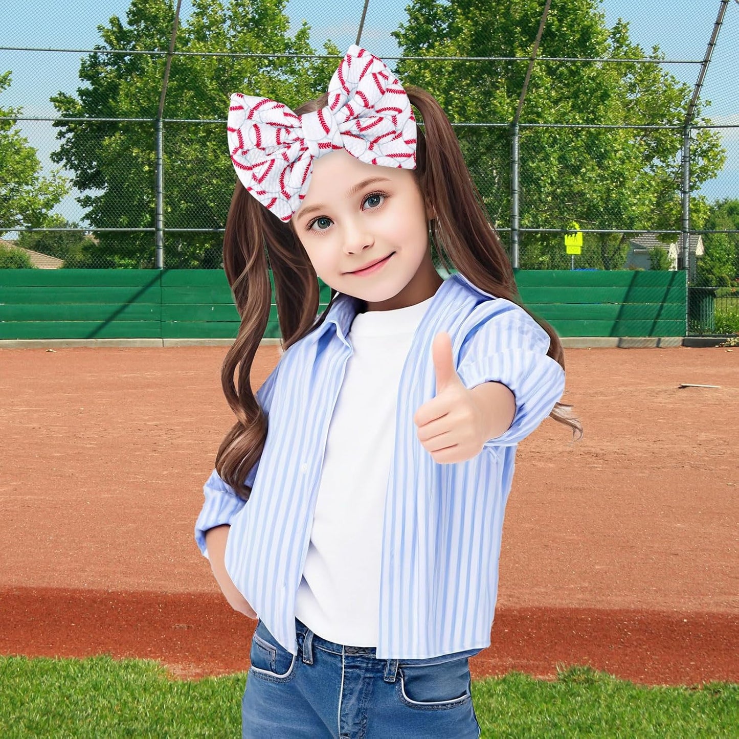 Baseball Bow Headband Baby, High Stretchy Soft Nylon Headbands in Red & White Game Sport Event Hair Accessories for Girls and Infants -
