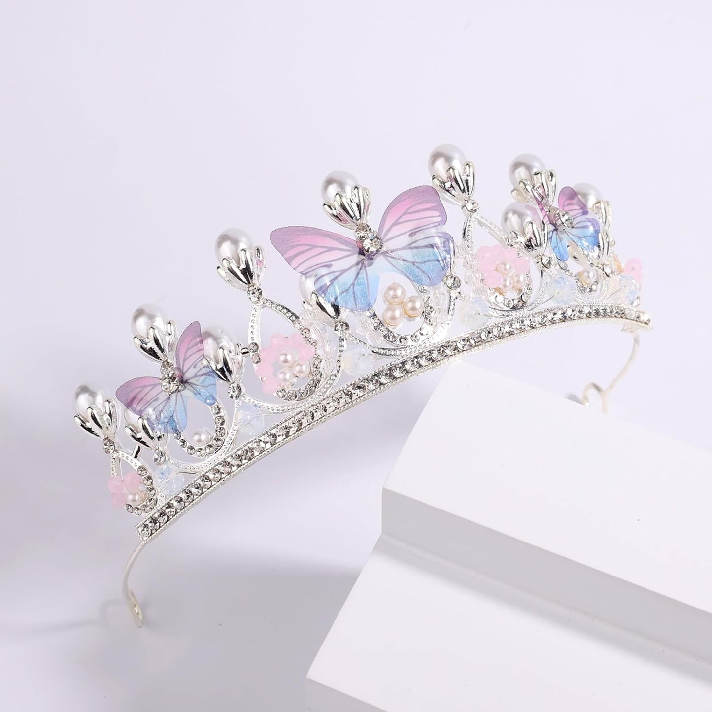 Crown Exquisite Princess with Pearls Butterfly Headband for Halloween Christmas Birthday Cosplay Costumes colorful -