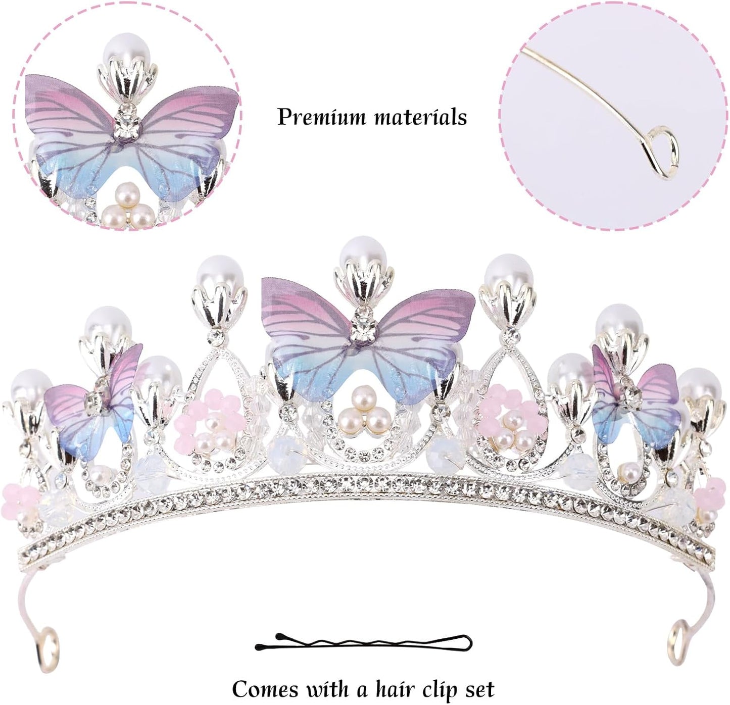 Crown Exquisite Princess with Pearls Butterfly Headband for Halloween Christmas Birthday Cosplay Costumes colorful -