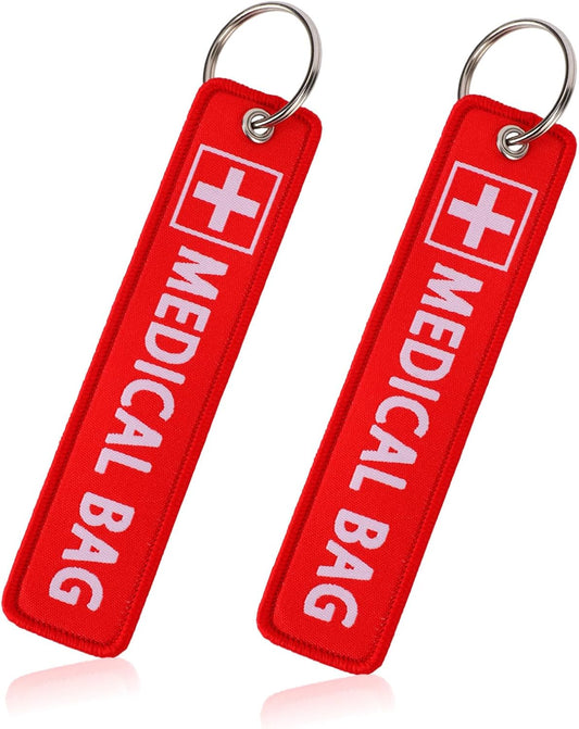 2pcs Medical Alert Tags for Bags, Double-Sided Equipment Device Luggage ID Tag Durable and Reusable Respiratory Supplies Keychain Label Backpack (Red) -