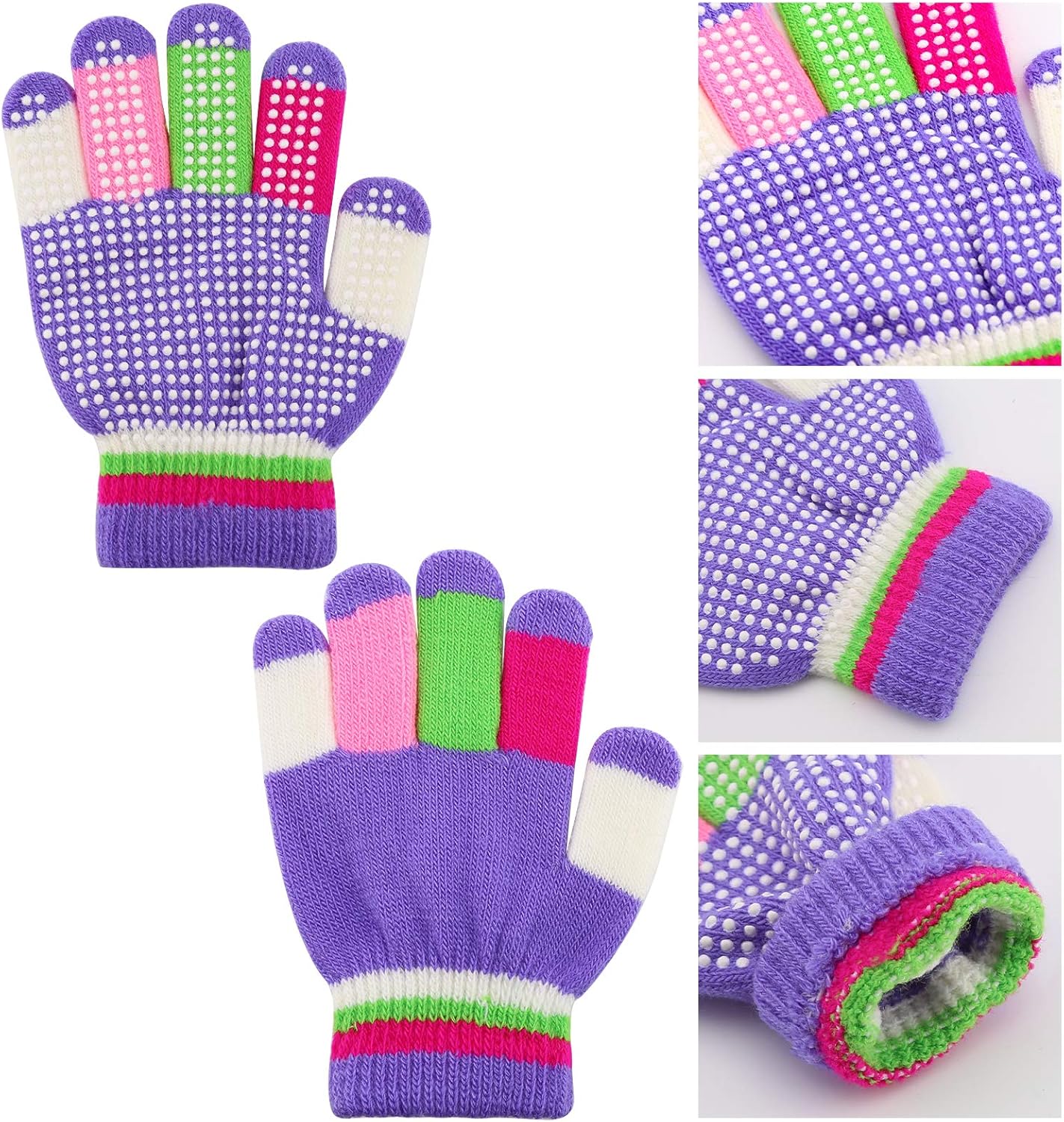 6 Pairs Kids Anti-Skid Magic Gloves, Multicolor Winter Warm Full Finger Mittens Stretchy Knitted Gloves for Boys and Girls -