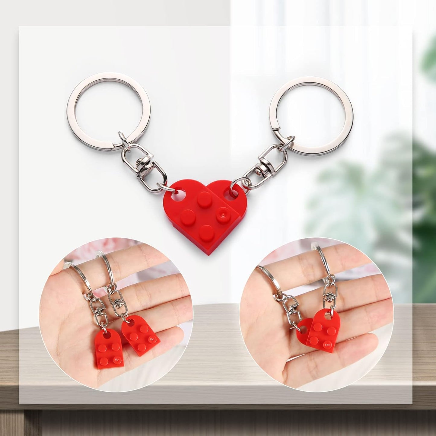 Heart Keychain Set, Red Brick for Couples, 2Pcs Matching Valentines Gift -