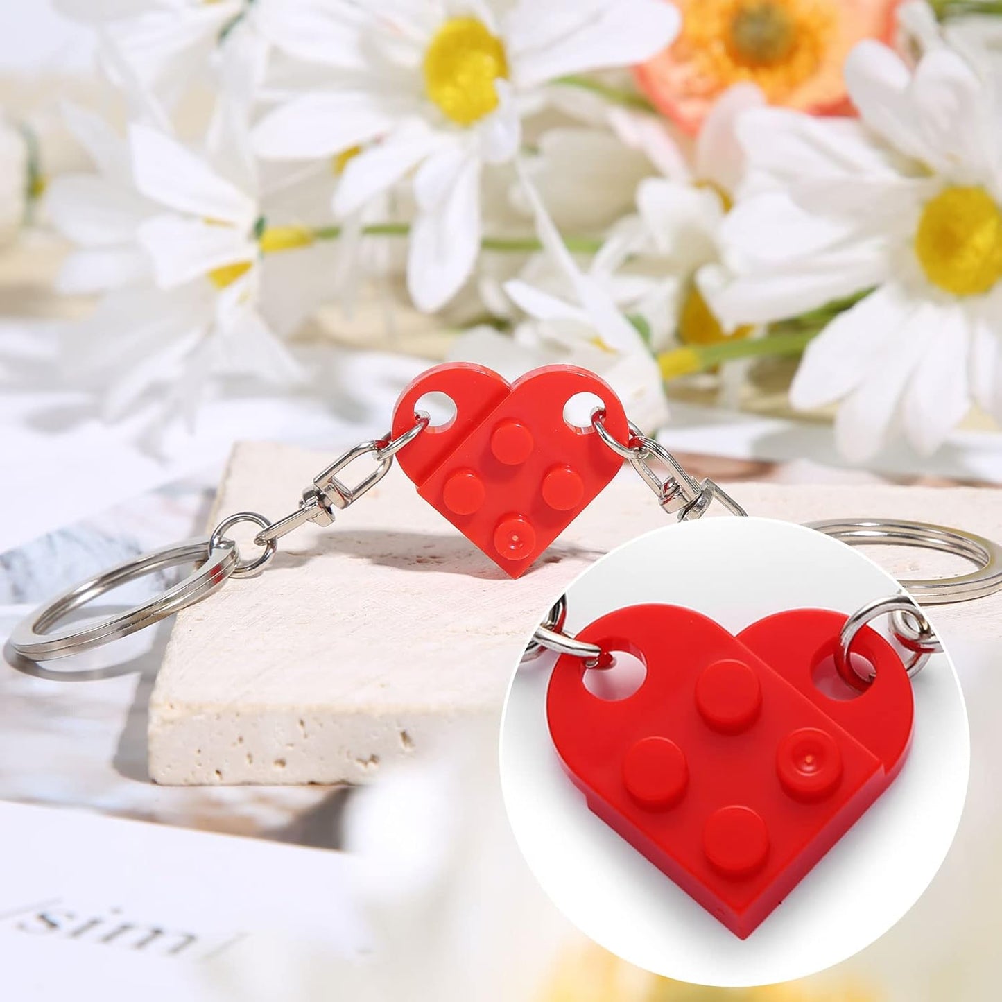 Heart Keychain Set, Red Brick for Couples, 2Pcs Matching Valentines Gift -
