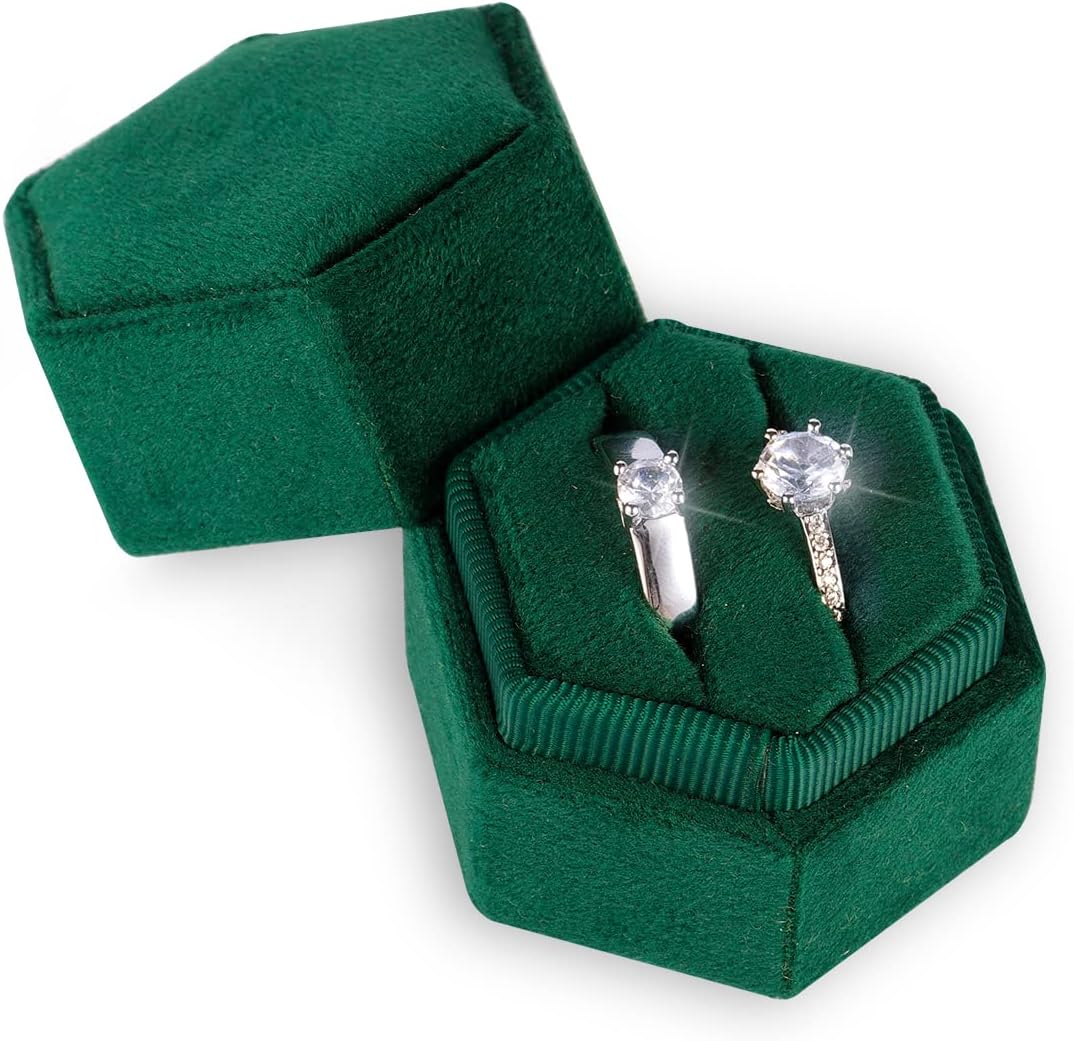 Velvet Ring Box for Jewelry, Double Slots Hexagon Case Proposal Engagement Wedding Ceremony Valentines Day Holding 2 Rings (Emerald Green) Emerald Green -