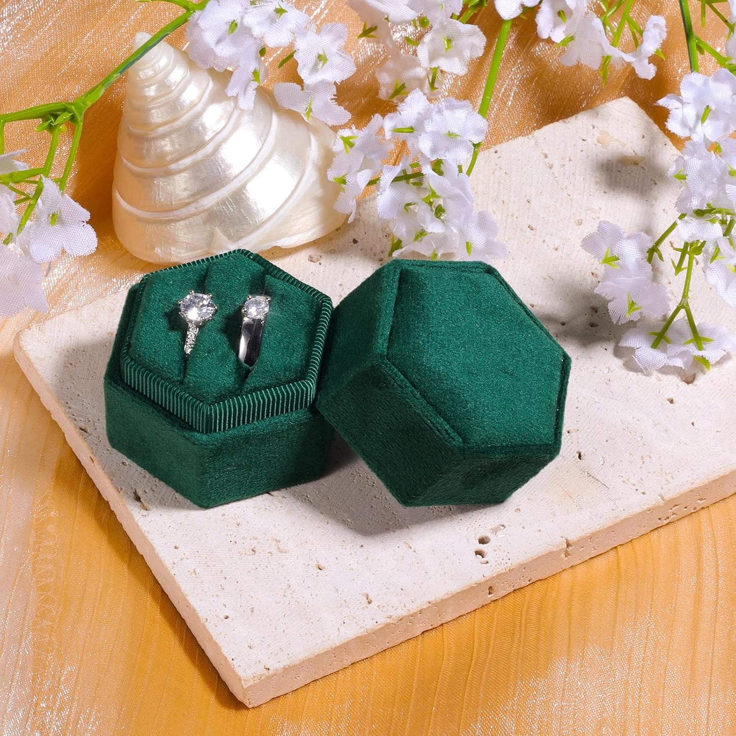 Velvet Ring Box for Jewelry, Double Slots Hexagon Case Proposal Engagement Wedding Ceremony Valentines Day Holding 2 Rings (Emerald Green) Emerald Green -