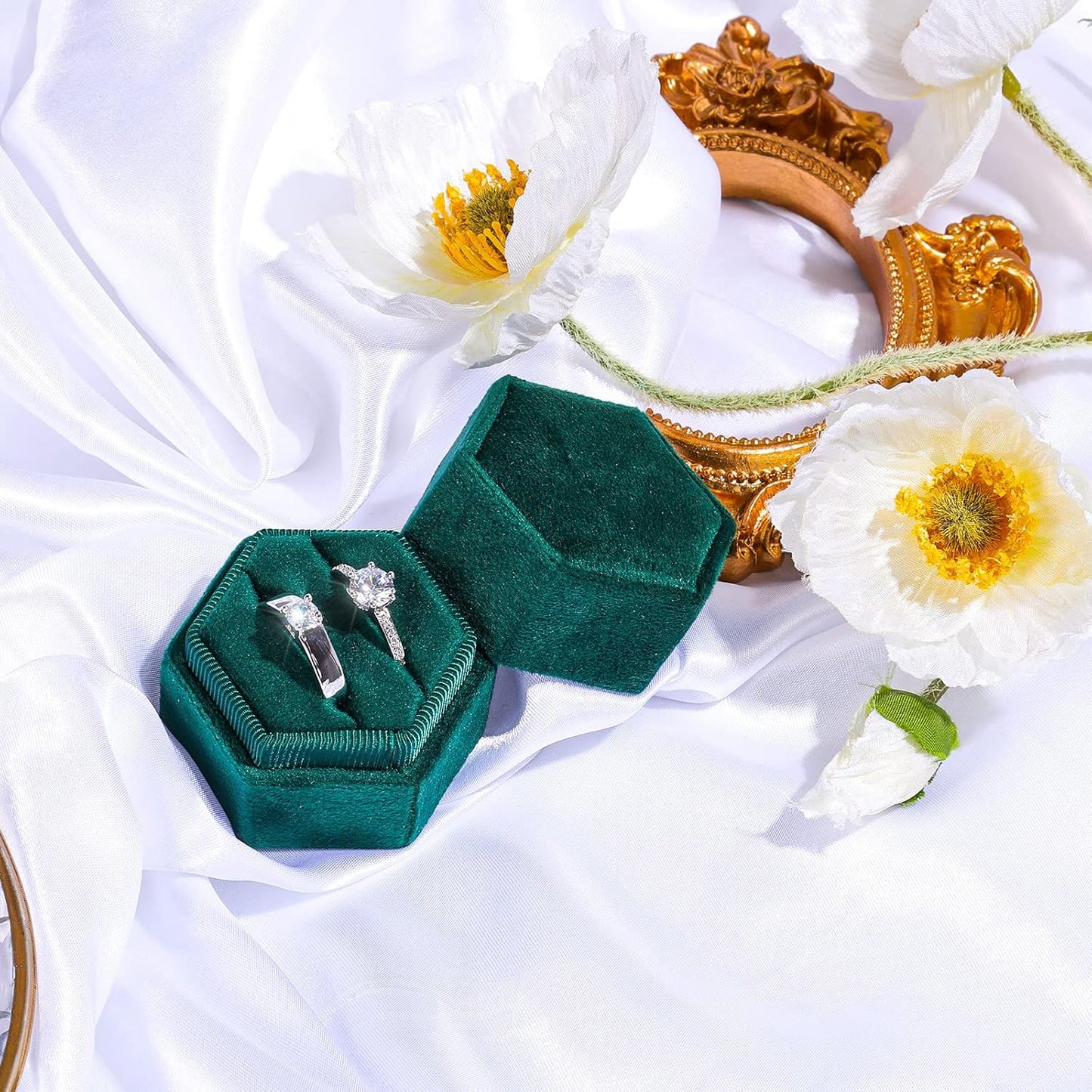Velvet Ring Box for Jewelry, Double Slots Hexagon Case Proposal Engagement Wedding Ceremony Valentines Day Holding 2 Rings (Emerald Green) Emerald Green -