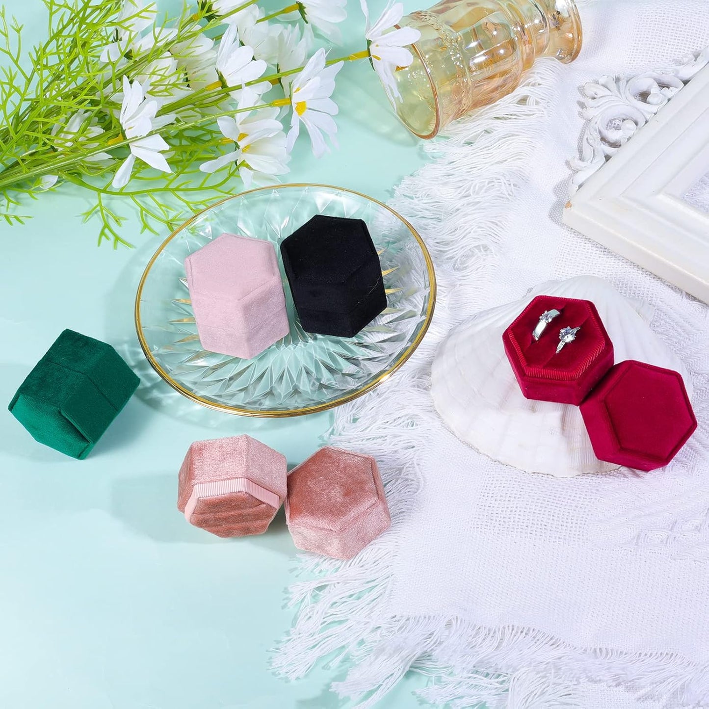 Velvet Ring Box for Jewelry, Double Slots Hexagon Case Proposal Engagement Wedding Ceremony Valentines Day Holding 2 Rings (Emerald Green) Emerald Green -