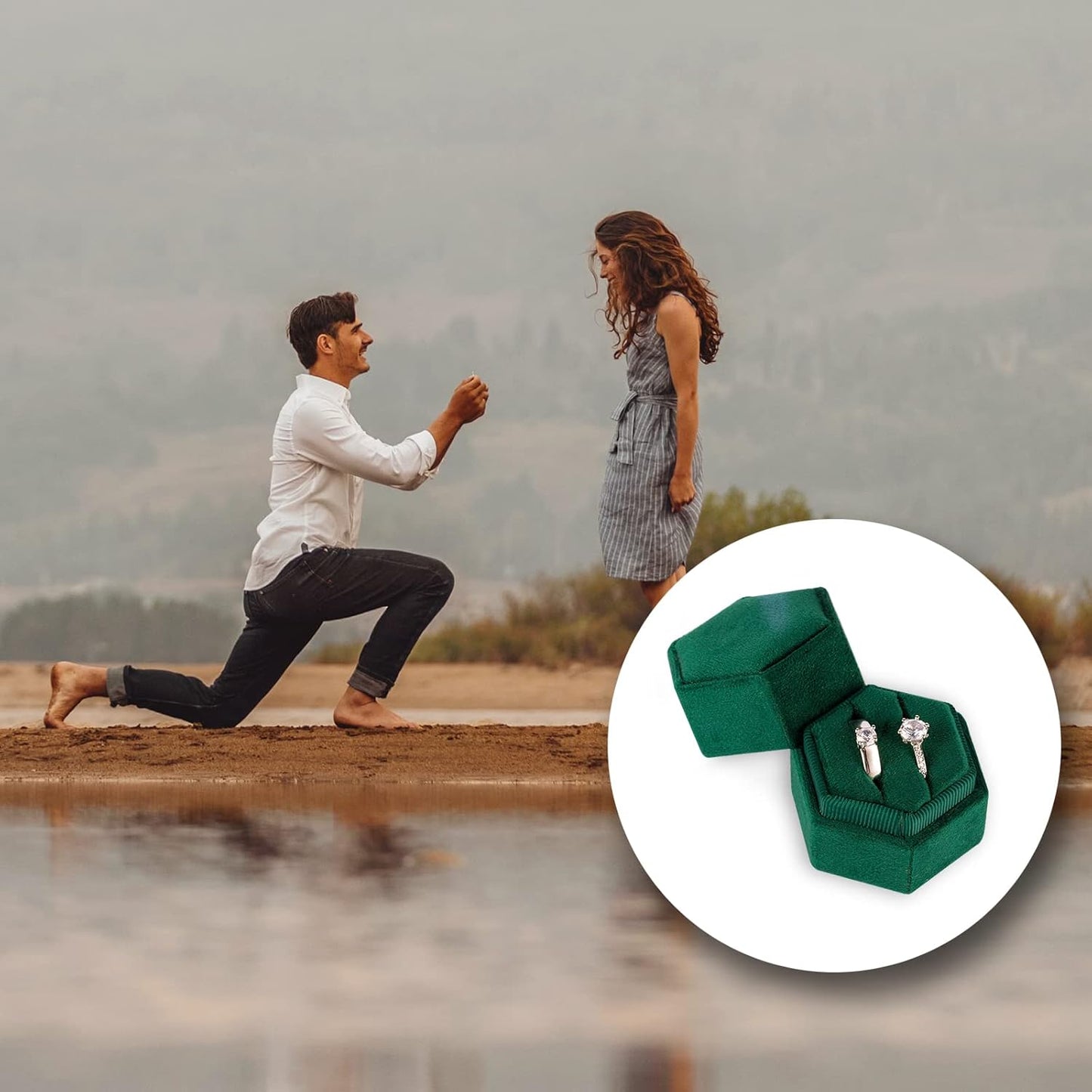 Velvet Ring Box for Jewelry, Double Slots Hexagon Case Proposal Engagement Wedding Ceremony Valentines Day Holding 2 Rings (Emerald Green) Emerald Green -